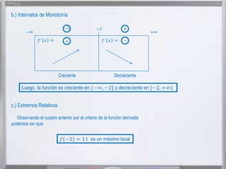 b.) Intervalos de Monotonía

Creciente

Decreciente

c.) Extremos Relativos
Observando el cuadro anterior por el criterio de la función derivada
podemos ver que:

 