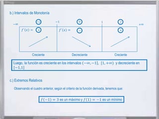 b.) Intervalos de Monotonía

Creciente

Decreciente

Creciente

c.) Extremos Relativos
Observando el cuadro anterior, según el criterio de la función derivada, tenemos que:

 