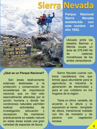 Sierra Nevada cuenta con
trece caudalosos ríos que
brinda agua abundante para la
agricultura, la industria, la
generación de electricidad y
para el uso cotidiano en los
hogares de la región.
Tiene un clima variable, de
acuerdo a la altura y la
exposición al viento : templado
de altura, transicional nublado
con frio de montaña y de
páramo con vegetación
escasa.
Parque Nacional
Sierra Nevada
establecida con
este nombre en
año 1952.
8
Ubicado entre los
estados Barinas y
Mérida ocupa un
área de 276,446 Ha
de cadenas
montañosas de los
andes venezolanos.
¿Qué es un Parque Nacional?
Son áreas relativamente
extensas destinadas a la
protección y conservación de
ecosistemas de importancia
nacional, que no han sido
esencialmente alteradas por la
acción humana y donde las
condiciones naturales permiten
realizar actividades de
investigación, educación y
recreación. Se mantienen
prácticamente en estado natural
en estas áreas existe una gran
variedad de especies de fauna
 