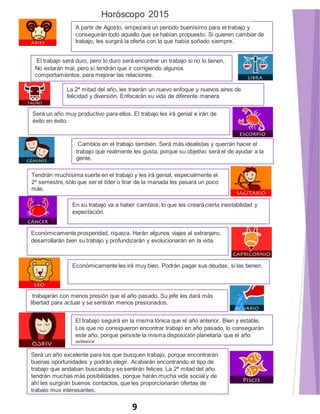 Horóscopo 2015 
A partir de Agosto, empezará un periodo buenísimo para el trabajo y 
conseguirán todo aquello que se habían propuesto. Si quieren cambiar de 
trabajo, les surgirá la oferta con la que había soñado siempre. 
El trabajo será duro, pero lo duro será encontrar un trabajo si no lo tienen, 
No estarán mal, pero sí tendrán que ir corrigiendo algunos 
comportamientos, para mejorar las relaciones. 
La 2ª mitad del año, les traerán un nuevo enfoque y nuevos aires de 
felicidad y diversión. Enfocarán su vida de diferente manera 
Será un año muy productivo para ellos. El trabajo les irá genial e irán de 
éxito en éxito. 
Cambios en el trabajo también. Será más idealistas y querrán hacer el 
trabajo que realmente les gusta, porque su objetivo será el de ayudar a la 
gente. 
Tendrán muchísima suerte en el trabajo y les irá genial, especialmente el 
2º semestre, sólo que ser el líder o tirar de la manada les pesará un poco 
más. 
En su trabajo va a haber cambios, lo que les creará cierta inestabilidad y 
expectación. 
Económicamente prosperidad, riqueza. Harán algunos viajes al extranjero, 
desarrollarán bien su trabajo y profundizarán y evolucionarán en la vida. 
Económicamente les irá muy bien. Podrán pagar sus deudas, si las tienen. 
trabajarán con menos presión que el año pasado. Su jefe les dará más 
libertad para actuar y se sentirán menos presionados. 
El trabajo seguirá en la misma tónica que el año anterior. Bien y estable. 
Los que no consiguieron encontrar trabajo en año pasado, lo conseguirán 
este año, porque persiste la misma disposición planetaria que el año 
anterior. 
Será un año excelente para los que busquen trabajo, porque encontrarán 
buenas oportunidades y podrán elegir. Acabarán encontrando el tipo de 
trabajo que andaban buscando y se sentirán felices. La 2ª mitad del año 
tendrán muchas más posibilidades, porque harán mucha vida social y de 
ahí les surgirán buenos contactos, que les proporcionarán ofertas de 
trabajo muy interesantes. 
9 
 