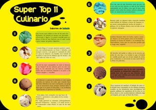 6 PAra mí, uno de mis favoritos, pero no por eso 
es ue está en este puesto, es uno de los sabores 
consumidos por la niñez, cosa que lo hace muy 
populr entre todos los demás sabores además de 
venir en numerosas presentaciones. 
Living the Food Bogotá Edición 1 Living the Food Bogotá Edición 1 
5 Banana split, en algunos sitios conocido también 
como helado de banana o barco de banana, es 
un postre principalmente hecho de helado y 
plátano. En su forma clásica está servido en un 
recipiente alargado. 
4 también llamado dulce de leche, cajeta o man-jar 
blanco, en otros países. Esta vez la hemos 
probado en forma de helado y el resultado fue 
sobresaliente, tanto que en casa han pedido que 
se haga muy seguido. 
3 Mi favorito del podio se ubica en la tercera po-sición 
de este top, y la verdad es que el helado 
de vainilla puede que sea el más simple de todos, 
pero realmente es necesario en una tarde lluvio-sa 
llena de películas. 
2 Es probablemente uno de los más conocidos a 
nivel mundial, su antiguedad competitiva con la 
vainilla han echo que sea una desición dificil 
de escoger para muchos, pero para otros simple-mente 
es su favorito. 
10 Cuando llega el verano, nuestros postres consis-ten 
casi exclusivamente en fruta y helados, casi 
siempre caseros, y me gusta ir variando los sabo-res 
para no aburrir a la familia. Este helado de 
tiramisú es uno de los últimos que he hecho y ha 
sido todo un éxito en casa. 
9 Uno de los más consumidos en toda la historia, 
es un “clasico” de los sabores, pero en este ran-king 
se vió afectado por las nuevas combina-ciones 
del ser humano dejando a su paso a los 
sabores simples y sencillos. 
22 23 
Sales 
Sales 
Super Top 11 
Culinario 
Sabores de helado 
11 Esta receta para niños es una de las más tra-dicionales, 
un helado de menta con chocolate 
refrescante y ligero. Un postre sencillo para ce-lebrar 
el Día de San Patricio con el color verde 
o para tomar un postre digestivo. 
7 Este plato, está cocinado con una base de 
Postres y pertenece a los platos de la cocina 
Tradicional. 
Por regla general se consume, principalmente, 
durante Primavera / Verano, y se suele servir a 
los comensales como Postre, es uno de los más 
caros. 
1 Para sorpresa de muchos, el helado de oreo es 
el helado más consumido en los últimos tiempos, 
vendido en las heladerias más prestigiosas del 
mundo, millones de seguidores de la orea se ra-dican 
ahora a este acontecimiento culinario algo 
arriesgado, pero que al final dio fruto. 
8 Si realmente te gustan los helados, te dará igual 
tomarlos en épocas de calor que cuando hace 
más frío. Mientras no estés constipado, con gripe 
y no te encuentres mal, siempre sientan bien. Y 
claro que si te gusta el chocolate y las avellanas, 
seguramente te gustará la Nutella. 
 