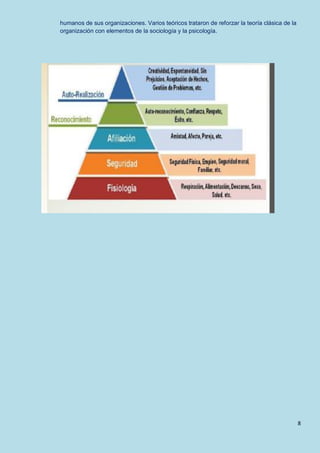 8 
humanos de sus organizaciones. Varios teóricos trataron de reforzar la teoría clásica de la organización con elementos de la sociología y la psicología. 
 