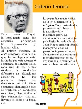 Edu-ciendo 5
Para Jean Piaget,
la inteligencia tiene dos
atributos principales:
la organización y
la adaptación.
El primer atributo, la
organización, se refiere a
que la inteligencia está
formada por estructuras o
esquemas de conocimiento,
cada una de las cuales
conduce a conductas
diferentes en situaciones
específicas. En las
primeras etapas del
desarrollo, un niño tiene
esquemas elementales que
se traducen en conductas
concretas y observables de
tipo sensomotor: mamar,
llevarse el dedo a la boca,
etc
La segunda característica
de la inteligencia es la
adaptación, consta de dos
procesos simultáneos:
la asimilación y
la acomodación. La
asimilación es un concepto
psicológico introducido por
Jean Piaget para explicar el
modo por el cual las
personas ingresan nuevos
elementos en sus esquemas
mentales preexistentes,
explicando el crecimiento o
sus cambios cuantitativos.
Criterio Teórico
 