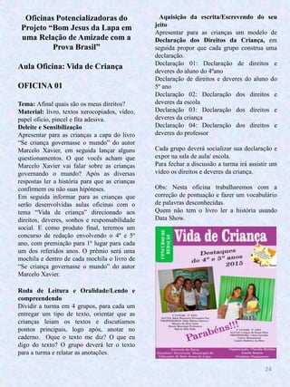 24
Oficinas Potencializadoras do
Projeto “Bom Jesus da Lapa em
uma Relação de Amizade com a
Prova Brasil”
Aula Oficina: Vida de Criança
OFICINA 01
Tema: Afinal quais são os meus direitos?
Material: livro, textos xerocopiados, vídeo,
papel oficio, pincel e fita adesiva.
Deleite e Sensibilização
Apresentar para as crianças a capa do livro
“Se criança governasse o mundo” do autor
Marcelo Xavier, em seguida lançar alguns
questionamentos. O que vocês acham que
Marcelo Xavier vai falar sobre as crianças
governando o mundo? Após as diversas
respostas ler a história para que as crianças
confirmem ou não suas hipóteses.
Em seguida informar para as crianças que
serão desenvolvidas aulas oficinas com o
tema “Vida de criança” direcionado aos
direitos, deveres, sonhos e responsabilidade
social. E como produto final, teremos um
concurso de redação envolvendo o 4º e 5º
ano, com premiação para 1º lugar para cada
um dos referidos anos. O prêmio será uma
mochila e dentro de cada mochila o livro de
“Se criança governasse o mundo” do autor
Marcelo Xavier.
Aquisição da escrita/Escrevendo do seu
jeito
Apresentar para as crianças um modelo de
Declaração dos Direitos da Criança, em
seguida propor que cada grupo construa uma
declaração.
Declaração 01: Declaração de direitos e
deveres do aluno do 4ºano
Declaração de direitos e deveres do aluno do
5º ano
Declaração 02: Declaração dos direitos e
deveres da escola
Declaração 03: Declaração dos direitos e
deveres da criança
Declaração 04: Declaração dos direitos e
deveres do professor
Cada grupo deverá socializar sua declaração e
expor na sala de aula/ escola.
Para fechar a discussão a turma irá assistir um
vídeo os direitos e deveres da criança.
Obs: Nesta oficina trabalharemos com a
correção de pontuação e fazer um vocabulário
de palavras desconhecidas.
Quem não tem o livro ler a história usando
Data Show.
Roda de Leitura e Oralidade/Lendo e
compreendendo
Dividir a turma em 4 grupos, para cada um
entregar um tipo de texto, orientar que as
crianças leiam os textos e discutíamos
pontos principais, logo após, anotar no
caderno. Oque o texto me diz? O que eu
digo do texto? O grupo deverá ler o texto
para a turma e relatar as anotações.
 