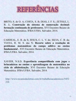 30
BRITO, S. de O. A; COSTA, S. B; DIAS, J. F. S.; ZETOLE, L.
B. J;. Construção do sistema de numeração decimal:
formação continuada de professores. XVI Encontro Baiano de
Educação Matemática. IFBA/UFBA. Salvador, 2014.
CARDEAL, E. R. da S; JESUS, C. L. V. de; SILVA, C. B. da;
VIANA, R. M. S. das N. Recorte sobre a resolução de
problemas matemáticos do campo aditivo no ensino
fundamental . XVI Encontro Baiano de Educação Matemática.
IFBA/UFBA. Salvador, 2014.
XAVIER, N.S.D. Experiência compartilhada com jogos e
brincadeiras no ensino e aprendizagem de matemática no
ciclo de alfabetização. XVI Encontro Baiano de Educação
Matemática. IFBA/UFBA. Salvador, 2014.
http://www.recantodasletras.com.br/trabalhosacademicos/5452
226
 