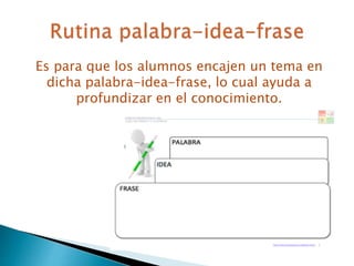 Es para que los alumnos encajen un tema en
dicha palabra-idea-frase, lo cual ayuda a
profundizar en el conocimiento.
 
