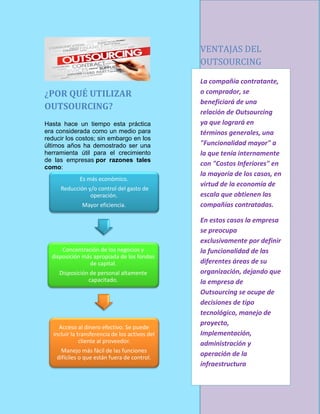 ¿POR QUÉ UTILIZAR
OUTSOURCING?
Hasta hace un tiempo esta práctica
era considerada como un medio para
reducir los costos; sin embargo en los
últimos años ha demostrado ser una
herramienta útil para el crecimiento
de las empresas por razones tales
como:
Es más económico.
Reducción y/o control del gasto de
operación.
Mayor eficiencia.
Concentración de los negocios y
disposición más apropiada de los fondos
de capital.
Disposición de personal altamente
capacitado.
Acceso al dinero efectivo. Se puede
incluir la transferencia de los activos del
cliente al proveedor.
Manejo más fácil de las funciones
difíciles o que están fuera de control.
VENTAJAS DEL
OUTSOURCING
La compañía contratante,
o comprador, se
beneficiará de una
relación de Outsourcing
ya que logrará en
términos generales, una
"Funcionalidad mayor" a
la que tenía internamente
con "Costos Inferiores" en
la mayoría de los casos, en
virtud de la economía de
escala que obtienen las
compañías contratadas.
En estos casos la empresa
se preocupa
exclusivamente por definir
la funcionalidad de las
diferentes áreas de su
organización, dejando que
la empresa de
Outsourcing se ocupe de
decisiones de tipo
tecnológico, manejo de
proyecto,
Implementación,
administración y
operación de la
infraestructura
 