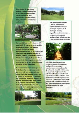 En el ámbito de la ecología,
Jardines Ecológicos Topotepuy
se ha convertido sin duda en
uno de los parques más
importantes que se mantiene
para generar conciencia en sus
visitantes. Y si seguimos ubicados en
Caracas, otro parque
significativo es ‘El Parque
Municipal Boyacá’, en el
municipio Chacao,
específicamente en el Rosal, se
encuentra este espacio
ambiental que brinda aspectos
característicos del ecosistema.
Más allá de la capital, podemos
mencionar otros jardines o parques
ecológicos importantes que
encontramos en otras ciudades. Por
ejemplo, en la ciudad de Mérida existe
un Jardín Botánico (Centro Jardín
Botánico de Mérida) que fue fundado
por la Universidad de Los Andes, con la
meta instruir acerca de la preservación
de la fauna y la flora de la región; en 44
hectáreas este lugar natural posee una
gran cantidad y calidad de flora, además
de tener un bosque de pinos
autóctonos.
Y si nos dirigimos hacia el Oriente del
país, la isla de Margarita tiene también
un parque ecológico que lleva por
nombre Laberinto Tropical,
exactamente ubicado en La Asunción. Es
un espacio con una gran cantidad de
plantas, fundado por Roberto Erenfeld y
Julio Susana con el fin de aprovechar la
existencia de los mini pozos presentes
en el parque en los que se han formado
pequeños jardines acuáticos.
Si nos detenemos a pensar en qué es un
jardín botánico, podríamos entender
que no es más que ese espacio que
aprovecha la diversidad vegetal y que
se enfoca en conservarla y estudiarla,
por eso además del Jardín Botánico de
Mérida, mencionaremos, entre tantos,
el de Caracas, llamado Jardín Botánico
de la UCV, uno de los lugares más
conocidos entre los caraqueños, creado
por Tobía Lasser en 1911.
 