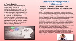 La Terapia Cognitiva
Trabaja con los pensamientos y las
percepciones, estudiando y
evaluando cómo estos pueden afectar
tanto en los sentimientos como en el
comportamiento en las personas. Tras
un primer análisis, su trabajo consiste
en modificar los pensamientos
negativos para que el individuo pueda,
a partir de ahora, aprender formas más
flexibles y positivas de pensar, que en
última instancia ayuden a mejorar su
estado afectivo y emocional.
Trastornos Neurológicos en la
edad escolar
Reconoce las lesiones e irritaciones a nivel
cerebral y su incidencia en los procesos mentales
superiores
Según el Manual diagnóstico y estadístico de los trastornos mentales
(DSM-5) existen una serie de disfunciones psicológicas que se engloban
dentro de la categoría: trastornos del desarrollo neurológico. Los principales
trastornos son: discapacidad intelectual, trastornos de la comunicación,
trastorno del espectro autista, TDAH, trastorno específico del aprendizaje
(lectura, expresión escrita o matemáticas) o trastornos motores.
Los trastornos del desarrollo neurológico influyen durante el proceso de
desarrollo del individuo. Pueden interferir gravemente en la maduración de
las capacidades cognitivas y en la formación de la personalidad del niño.
Debido a alguno de estos trastornos del desarrollo neurológico, las
capacidades básicas de la persona pueden sufrir alguna alteración durante
el desarrollo infanto-juvenil. Éstas pueden generar una serie
de disfunciones cognitivas y conductuales que repercuten muy
severamente en la evolución psicológica del niño y del adolescente. Las
repercusiones de estos trastornos del desarrollo neurológico pueden
interferir en los procesos de maduración y aprendizaje del niño según las
etapas evolutivas, dando lugar a importantes déficits y alteraciones
psicopatológicas en la vida adulta.
 