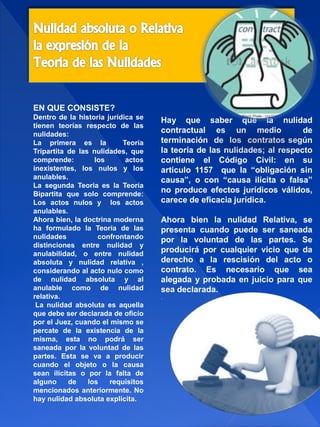EN QUE CONSISTE?
Dentro de la historia jurídica se
tienen teorías respecto de las
nulidades:
La primera es la Teoría
Tripartita de las nulidades, que
comprende: los actos
inexistentes, los nulos y los
anulables.
La segunda Teoria es la Teoría
Bipartita que solo comprende:
Los actos nulos y los actos
anulables.
Ahora bien, la doctrina moderna
ha formulado la Teoría de las
nulidades confrontando
distinciones entre nulidad y
anulabilidad, o entre nulidad
absoluta y nulidad relativa ,
considerando al acto nulo como
de nulidad absoluta y al
anulable como de nulidad
relativa.
La nulidad absoluta es aquella
que debe ser declarada de oficio
por el Juez, cuando el mismo se
percate de la existencia de la
misma, esta no podrá ser
saneada por la voluntad de las
partes. Esta se va a producir
cuando el objeto o la causa
sean ilícitas o por la falta de
alguno de los requisitos
mencionados anteriormente. No
hay nulidad absoluta explicita.
Hay que saber que la nulidad
contractual es un medio de
terminación de los contratos según
la teoría de las nulidades; al respecto
contiene el Código Civil: en su
articulo 1157 que la “obligación sin
causa”, o con “causa ilícita o falsa”
no produce efectos jurídicos válidos,
carece de eficacia jurídica.
Ahora bien la nulidad Relativa, se
presenta cuando puede ser saneada
por la voluntad de las partes. Se
producirá por cualquier vicio que da
derecho a la rescisión del acto o
contrato. Es necesario que sea
alegada y probada en juicio para que
sea declarada.
.
 