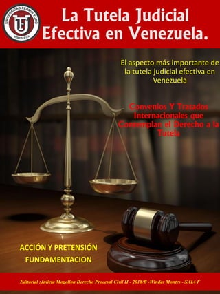 La Tutela Judicial
Efectiva en Venezuela.
Editorial :Julieta Mogollon Derecho Procesal Civil II - 2018/B -Winder Montes - SAIA F
ACCIÓN Y PRETENSIÓN
FUNDAMENTACION
Convenios Y Tratados
Internacionales que
Contemplan el Derecho a la
Tutela
El aspecto más importante de
la tutela judicial efectiva en
Venezuela
 