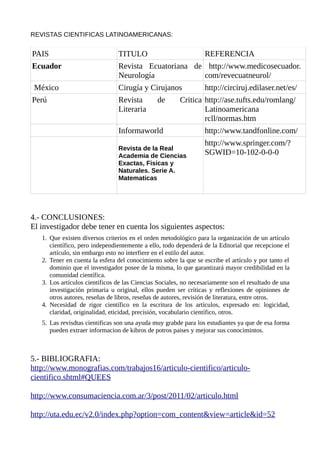 REVISTAS CIENTIFICAS LATINOAMERICANAS:
PAIS TITULO REFERENCIA
Ecuador Revista Ecuatoriana de
Neurología
http://www.medicos...