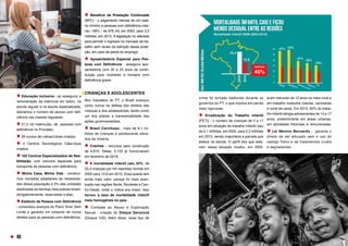 Educação inclusiva - ao assegurar a
remuneração da matrícula em dobro, na
escola regular e na escola especializada,
dobramos o número de alunos com defi-
ciência nas classes regulares;
21,5 mil matrículas de pessoas com
deficiência no Pronatec;
26 cursos de Letras/Libras criados;
4 Centros Tecnológicos Cães-Guia
criados;
102 Centros Especializados de Rea-
bilitação, com veículos especiais para
transporte de pessoas com deficiência.
Minha Casa, Minha Vida - construí-
mos moradias adaptáveis às necessida-
des dessa população e 3% das unidades
destinadas às famílias mais pobres foram,
obrigatoriamente, reservadas a elas;
Estatuto da Pessoa com Deficiência
- consolidou avanços do Plano Viver Sem
Limite e garantiu um conjunto de novos
direitos para as pessoas com deficiência;
Benefício da Prestação Continuada
(BPC) - o pagamento mensal de um salá-
rio mínimo a pessoas com deficiência cres-
ceu 136% - de 976 mil, em 2002, para 2,3
milhões, em 2015. A legislação foi alterada
para permitir o ingresso no mercado de tra-
balho sem receio da extinção dessa prote-
ção, em caso de perda do emprego;
Aposentadoria Especial para Pes-
soas com Deficiência - assegura apo-
sentadoria com 20 e 25 anos de contri-
buição para mulheres e homens com
deficiência grave.
CRIANÇAS E ADOLESCENTES
Nos mandatos do PT, o Brasil avançou
como nunca na defesa dos direitos das
crianças e dos adolescentes, tendo como
um dos pilares a transversalidade das
ações governamentais.
Brasil Carinhoso - mais de 8,1 mi-
lhões de crianças e adolescente retira-
dos da miséria;
Creches - recursos para construção
de 8.810. Delas, 3.155 já funcionavam
em fevereiro de 2016;
A mortalidade infantil caiu 45%: de
23,4 crianças por mil nascidas mortas em
2002 para 12,9 em 2015. Essa queda tem
ainda mais valor, porque foi mais acen-
tuada nas regiões Norte, Nordeste e Cen-
tro-Oeste, onde o índice era maior. Isso
tornou a taxa de mortalidade infantil
mais homogênea no país.
Combate ao Abuso e Exploração
Sexual - criação do Disque Denúncia
(Disque 100). Além disso, esse tipo de
crime foi tornado hediondo durante os
governos do PT, o que implica em penas
mais rigorosas;
Erradicação do Trabalho Infantil
(PETI) - o número de crianças de 5 a 17
anos em situação de trabalho infantil caiu
de 5,1 milhões, em 2002, para 2,2 milhões
em 2015, sendo majoritária a parcela que
estava na escola. O perfil dos que esta-
vam nessa situação mudou: em 2003,
eram menores de 13 anos no meio rural e
em trabalho insalubre (olarias, carvoarias
e corte de cana). Em 2015, 82% do traba-
lho infantil atingia adolescentes de 14 a 17
anos, predominante em áreas urbanas,
em atividades informais e remuneradas;
Lei Menino Bernardo - garante o
direito de ser educado sem o uso do
castigo físico e de tratamentos cruéis
e degradantes.
FOTO:
RICARDO
STUCKERT
60
 