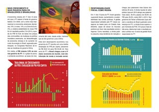 MAIS CRESCIMENTO E
MAIS RIQUEZA PARA OS
BRASILEIROS E BRASILEIRAS
A economia cresceu em 11 dos 13 anos
em que o PT esteve à frente do governo
federal. Em 2009, com a forte crise inter-
nacional (a economia americana decres-
ceu 13%; a russa, 14%; e a Zona do Euro,
4%), a relativa estabilidade do nosso PIB
foi um resultado positivo. Em 2015, a que-
da do PIB foi fruto da baixa nos preços
das commodities, da mudança na política
monetária americana, da desaceleração
da economia chinesa e do aumento do
custo da energia no Brasil, agravada pelo
bloqueio, no Congresso Nacional, de to-
das as iniciativas do governo Dilma.
Em média, o PIB cresceu 2,9% ao ano
nos governo do PT. E o golpe só piorou
o ambiente econômico: as taxas de cres-
RESPONSABILIDADE
FISCAL COMO REGRA
Em 11 dos 13 anos do PT, foram gerados
superávits fiscais, aumentando a susten-
tabilidade das contas públicas. A gestão
responsável adotada pelo PT visava as-
segurar as bases para um Estado mais
eficiente, capaz de alocar os recursos
públicos em favor das equidades social e
regional. Como resultado, a dívida públi-
ca assumiu clara tendência de redução e
cimento têm sido, desde então, menores
que as dos governos Lula e Dilma.
Este bom desempenho econômico nos
governos do PT resultou em uma inédita
ampliação do PIB per capita, passando
de R$ 26,6 mil para R$ 33,96 mil. Nos
anos do PT, o Brasil chegou a ser a 5ª
maior economia do mundo, com dis-
tribuição de renda e inclusão social.
chegou aos patamares mais baixos dos
últimos 20 anos. A dívida líquida do setor
público (que em 2013 atingiu seu patamar
mais baixo: 30,5%) passou de 59,9% do
PIB para 35,6%, entre 2001 e 2014. Nos
governos de Temer e Bolsonaro (que utili-
zam a narrativa do Brasil quebrado como
herança do PT), a dívida bruta superou o
pior momento de FHC. Em pouco mais de
três anos, destruíram todo o resultado po-
sitivo colhido nos 13 anos de gestão fiscal
responsável do PT.
 
