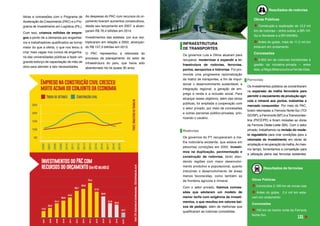 blicas e concessões com o Programa de
Aceleração de Crescimento (PAC) e o Pro-
grama de Investimento em Logística (PIL).
Com isso, criamos milhões de empre-
gos a ponto de a demanda por engenhei-
ros e trabalhadores qualificados se tornar
maior do que a oferta, o que nos levou a
criar mais vagas nos cursos de engenha-
ria das universidades públicas e fazer um
grande esforço de capacitação de mão de
obra para atender a tais necessidades.
INFRAESTRUTURA
DE TRANSPORTES
Os governos Lula e Dilma atuaram para
recuperar, modernizar e expandir a in-
fraestrutura de rodovias, ferrovias,
portos, aeroportos e hidrovias. Foi pro-
movida uma progressiva racionalização
da matriz de transportes, a fim de impul-
sionar o desenvolvimento sustentável, a
integração regional, a geração de em-
prego e renda e a inclusão social. Para
alcançar esses objetivos, além das obras
públicas, foi ampliada a cooperação com
o setor privado, por meio de concessões
e outras parcerias público-privadas, prio-
rizando o usuário.
Rodovias 
Os governos do PT recuperaram a ma-
lha rodoviária existente, que estava em
péssimas condições em 2002. Investi-
mos na duplicação, pavimentação e
construção de rodovias, tanto aten-
dendo regiões com maior desenvolvi-
mento produtivo e populacional, quanto
induzindo o desenvolvimento de áreas
menos favorecidas, como também as
de fronteira agrícola e mineral.
Com o setor privado, fizemos conces-
sões que adotaram um modelo de
menor tarifa com exigência de investi-
mentos, o que resultou em valores bai-
xos de pedágio, além de melhorias que
qualificaram as rodovias concedidas.
Ferrovias
Os investimentos públicos se concentraram
na expansão da malha ferroviária para
permitir o escoamento da produção agrí-
cola e mineral aos portos, indústrias e
mercado consumidor. Por meio do PAC,
foram retomadas a Ferrovia Norte-Sul (TO/
GO/SP), a Ferronorte (MT) e aTransnordes-
tina (PI/CE/PE) e foram iniciadas as obras
da Ferrovia Oeste-Leste (BA). Com o setor
privado, trabalhamos na revisão do mode-
lo regulatório para criar condições para a
retomada do investimento em obras de
ampliação e recuperação da malha.Ao mes-
mo tempo, fomentamos a competição para
a utilização plena das ferrovias existentes.
As despesas do PAC com recursos do or-
çamento tiveram aumentos consecutivos,
desde seu lançamento em 2007, e alcan-
çaram R$ 76,4 bilhões em 2014.
Investimentos das estatais, por sua vez,
triplicaram em relação a 2002, alcançan-
do R$ 157,3 bilhões em 2013.
O PAC representou a retomada do
processo de planejamento do setor de
infraestrutura do país, que havia sido
abandonado há há quase 30 anos.
Obras Públicas
Construção e duplicação de 12,2 mil
km de rodovias – entre outras, a BR-101
Sul e Nordeste e a BR-050/MG.
Antes do golpe, mais de 11,5 mil km
estavam em andamento.
Concessões
8.655 km de rodovias transferidas à
gestão da iniciativa privada – entre
elas,aRégisBittencourteaFernãoDias.
Obras Públicas
Concluídos 2.160 km de novas vias
Antes do golpe, 2,4 mil km esta-
vam em andamento
Concessões
745 km do trecho norte da Ferrovia
Norte-Sul.
Resultados de rodovias
Resultados de ferrovias
131
 