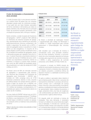 ano 19 edição 66 janeiro à março 201610
O setor de mineração e o licenciamento
desta atividade
A União Europeia (UE) é uma parceria econômi-
ca e política entre 28 países que, em conjunto,
abrangem grande parte do continente europeu.
A sua ação tem por base tratados aprovados
de forma voluntária e democrática por todos os
países membros. Seu mercado único é o principal
motor da economia europeia, permitindo a livre
circulação de pessoas, bens, serviços e capitais.
Neste contexto, a União Europeia de Produtores
de Agregados – UEPG5
, criada em 1987, defende
os interesses da indústria europeia de agrega-
dos, representando seus membros em assuntos
políticoseconômicos, técnicos, ambientais e de
saúde e segurança. De acordo com a UEPG, o
setor de agregados (areia e cascalho) é o maior
dentre os não energéticos. O conjunto de 29
países filiados à UEPG produz anualmente cerca
de 2,6 bilhões de toneladas de agregados, sendo
a demanda europeia per capitaem torno de 5 t/
ano. O volume financeiro anual desta indústria é
da ordem de mais de 15 bilhões de euros, confir-
mando sua importância econômica. Dentre os
membros, a França é o quarto maior produtor,
com cerca de 380 milhões de toneladas extraí-
das anualmente e um valor de vendas de € 3.892
milhões em 2013.
No Brasil, cerca de 80% do mercado nacional
de agregados é representado pela Associa-
ção Nacional das Entidades de Produtores de
Agregados para Construção – ANEPAC que,
fundada em 1995, congrega cerca de 3.100
empresas produtoras deareia e brita, atuando
em defesa destes nos campos técnico, adminis-
trativo e legal. De acordo com a ANEPAC, em
2014, o consumo brasileiro de agregados atingiu
741 milhões de toneladas, correspondente a 3,7
toneladas per capita e movimentando valores na
ordem de R$ 19 bilhões.
No mais, dados do DNPM6
indicam que, em 2013,
a indústria mineira brasileira produziu 77,9 bilhões
de dólares, o que representou 4,1% do PIB do país.
O Brasil segue a tendência mundial e os agrega-
dos estavam entre os materiais mais produzidos
em 2013.
Tabela 4: Lista dos cinco minérios mais produzidos no Brasil
em 2011, 2012 e 2013.
Produção (t/ano)
Minério Ano
2011 2012 2013
FERRO 398.130.813 400.822.000 386.270.053
AREIA 346.772.000 368.957.000 377.247.785
BRITA 267.987.000 287.040.000 293.526.805
CIMENTO 64.093.000 69.323.000 69.975.000
AÇO 35.162.000 34.682.000 34.163.000
No Brasil, a atividade de exploração mineral
é regulamentada pelo Código de Mineração e
o DNPM é o órgão responsável pelo controle
operacional e comercialização dos recursos
minerais.
Vale ressaltar que a extração de minério é
considerada como uma atividade modifica-
dora do meio ambiente. Portanto, o funciona-
mento de uma mineração depende de licenças
emitidas pelo organismo de controle minerário,
o DNPM, e pelos organismos de controle
ambiental, como IBAMA, CETESB, FEAM, etc.
O processo é iniciado no DNPM através do
pedido de autorização de pesquisa mineral. Após
a pesquisa mineral, a empresa deve apresentar
um relatório provando a existência efetiva do
depósito mineral e a viabilidade econômica das
suas operações.
Só após a análise e aprovação deste relatório é
que a empresa pode e deve iniciar o processo de
licenciamento ambiental. O processo de licencia-
mento começa com a solicitação de Licença
Prévia. Para isso, vários documentos, formulários,
plantas e a avaliação de impacto ambiental devem
ser apresentados. Após a análise do processo, o
órgão ambiental emite uma lista de exigências
e de condicionantes que devem ser levados em
conta durante a vigência desta licença.
Em seguida, pode ser solicitada a Licença de
Instalação. Para esta demanda, é necessário
fornecer um relatório de cumprimento das exigên-
cias já realizadas. A emissão da LI permite que
empresa instalar e testar suas máquinas. Ao obter
a LI, a empresa deve solicitar a Concessão Mineral
que é a autorização definitiva para a exploração.
5
UEPG - Union
Européenne des
Producteurs de
Granulats.
6
DNPM - Departamento
Nacional de Produção
Mineral
A R T I G O S
No Brasil, a
atividade de
exploração
mineral é
regulamentada
pelo Código de
Mineração e o
DNPM é o órgão
responsável
pelo controle
operacional e
comercialização
dos recursos
minerais.
 