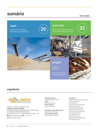 ano 19 edição 66 janeiro à março 20164
expediente
sumário
20 32
6
capa mercado
artigos
Presidente Executivo
Fernando Mendes Valverde
Diretor
Daniel Debiazzi Neto
Diretor Comercial
Marcos Intelisano
Presidente Conselho Administrativo
Gustavo Rosa Lanna (MG)
Vice-presidente Conselho
Antero Saraiva Júnior (SP)
Conselheiros
Eduardo Rodrigues Machado Luz (SP)
Carlos Toniolo (SC)
Fabio Rassi (GO)
Marco Aurélio Eichstaedt (SC)
rOBERTO CASTELANI (df)
Rogério Moreira Vieira (RJ)
Sandro Alex de Almeida (RS)
Luiz Eulálio Moraes Terra (SP)
José Luiz Machado (RS)
Ednilson Artioli (SP)
Adilson José Otto (SP)
Marcelo Gandolfi Siqueira (PR)
Fauaz Abdul Hak (PR)
EDIÇÃO 66 – JANEIRO À MARÇO DE 2016
Publicação trimestral da ANEPAC
ASSOCIAÇÃO NACIONAL DAS ENTIDADES DE PRODUTORES
DE AGREGADOS PARA CONSTRUÇÃO CIVIL
Rua Itapeva, 378 Conj. 131 - CEP: 01332-000 - São Paulo – SP
anepac@anepac.org.br 11 3171 0159
www.anepac.org.br
Mercado de areia na Região
Metropolitana de Belo Horizonte
Autorizações
ambientais
Governança corporativa
e conduta empresarial
Vendas das indústrias de materiais
de construção melhoram em março
Nesta edição
 