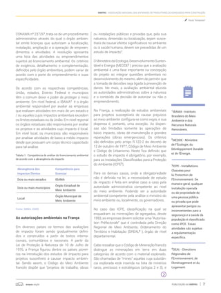 anepac.org.br Publicação da Anepac 7
Anepac - Associação Nacional das Entidades de Produtores de Agregados para Construção
3
ICPE - Installations
Classées pour
la Protection de
l’Environnement. De
maneira geral, qualquer
instalação operada
ou de propriedade de
uma pessoa pública
ou privada que pode
apresentar perigos ou
inconvenientes para a
segurança e a saúde da
população é classificada
como IPCE. Essas
atividades são sujeitas
a regulamentação
específica.
4
DEAL - Directions
Régionales de
l’Environnement, de
l’Aménagement et du
Logement.
CONAMA nº 237/97, trata-se de um procedimento
administrativo através do qual o órgão ambien-
tal emite licenças que autorizam a localização,
instalação, ampliação e a operação de empreen-
dimentos e atividades. A resolução apresenta
uma lista das atividades ou empreendimentos
sujeitos ao licenciamento ambiental. Os critérios
de exigência, detalhamento e complementação,
definidos pelo órgão ambientais, podem variar de
acordo com o porte do empreendimento e suas
especificidades.
De acordo com as respectivas competências,
União, estados, Distrito Federal e municípios
têm o comum dever e poder de proteger o meio
ambiente. Em nível federal, o IBAMA1
é o órgão
ambiental responsável por avaliar as empresas
que realizam atividades em mais de um estado e
/ ou aqueles cujos impactos ambientais excedem
os limites estaduais ou da União. Em nível regional
os órgãos estaduais são responsáveis por avaliar
os projetos e as atividades cujo impacto é local.
Em nível local, os municípios são responsáveis
por analisar atividades de baixo a médio impacto
desde que possuam um corpo técnico capacitado
para tal análise.
Tabela 1: Competência de análise do licenciamento ambiental
de acordo com a abrangência do impacto
Abrangência dos
Impactos Diretos
Competência para
licenciar
Dois ou mais estados IBAMA
Dois ou mais municípios
Órgão Estadual de
Meio Ambiente
Local
Órgão Municipal de
Meio Ambiente
Fonte: (MMA, 2009)
As autorizações ambientais na França
Em diversos países os termos das avaliações
de impacto foram sendo gradualmente defini-
dos e construídos a partir de textos interna-
cionais, comunitários e nacionais. A partir da
Lei de Proteção à Natureza de 10 de Julho de
1976, a França figurou dentre os países pionei-
ros na introdução dos estudos de impacto para
projetos suscetíveis a causar impacto ambien-
tal. Sendo assim, o Código do Meio Ambiente
francês dispõe que “projetos de trabalho, obras
ou instalações públicas e privadas que, pela sua
natureza, dimensão ou localização, sejam susce-
tíveis de causar efeitos significativos no ambiente
ou à saúde humana, devem ser precedidas de um
estudo de impacto”.
OMinistériodaEcologia,DesenvolvimentoSusten-
tável e Energia (MEDDE2
) precisa que a avaliação
ambiental é uma fase importante na concepção
do projeto ao integrar questões ambientais no
desenvolvimento do mesmo, além de permitir que
a tomada de decisões seja ligada à prevenção de
danos. No mais, a avaliação ambiental elucida
as autoridades administrativas sobre a natureza
e o conteúdo da decisão de autorizar ou não o
empreendimento.
Na França, a realização de estudos ambientais
para projetos susceptíveis de causar prejuízos
ao meio ambiente configura-se como regra, e sua
dispensa é, portanto, uma exceção. As dispen-
sas são limitadas somente às operações de
baixo impacto, obras de manutenção e grandes
reparações (obras emergenciais). Os critérios
são definidos pelo artigo R.122-2 do decreto de
12 de outubro de 1977, Código de Meio Ambiente
e Código de Urbanismo. Neste fica definido que
o estudo de impacto é obrigatório, por exemplo,
para as Instalações Classificadas para a Proteção
do Ambiente (ICPE3
).
Para os demais casos, onde a obrigatoriedade
não é definida na lei, a necessidade de estudo
de impacto é feita em análise caso a caso pela
autoridade administrativa competente ao nível
do meio ambiente. Podendo ser a autoridade
ambiental competente pela análise o ministro do
meio ambiente ou, localmente, os governadores.
No caso das ICPE, classificação na qual se
enquadram as minerações de agregados, desde
1993, as empresas devem solicitar uma “Autorisa-
tion Préfectorale” que é controlada pela Direção
Regional de Meio Ambiente, Ordenamento do
Território e Habitação (DREAL4
), órgão de nível
departamental.
Cabe ressaltar que o Código de Mineração francês
distingue as minerações em terra em duas
categorias de acordo com o material explorado.
São chamadas de “mines” aquelas cuja substân-
cia explorada está inserida na lista de minérios
raros, preciosos e estratégicos (artigos 2 e 3), e
1
IBAMA - Instituto
Brasileiro do Meio
Ambiente e dos
Recursos Naturais
Renováveis.
2
MEDDE - Ministère
de l’Écologie, du
Développement Durable
et de l’Énergie.
Paula Tempesta*
 