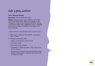 Vale a pena conferir
Filme: “Mississipi Burning”
Educadoras: Rita de Cássia Silva Araújo
Sinopse: Mississipi,1964, Rupert Anderson (Gene Hack-
man) e Alan Ward (Willem Dafoe), dois agentes do FBI,
investigam a morte de três militantes dos direitos civis em
uma pequena cidade onde a segregação divide a população
entre brancos e negros e a violência contra estes é uma
tônica constante.

 A partir do filme, é possível desenvolver em sala de aula:

1. Debate sobre o significado das palavras “preconceito”,
   “raça” e “etnia”;
2. Orientação de pesquisa sobre:
    • Origem do preconceito racial nos EUA;
    • A KU KLUX KLAN;
    • Preconceito racial no Brasil;
    • A existência de ONGs que lutam contra a discrimina-
      ção e o racismo;
    • Levantamento de dados sobre discriminações sofridas
      pelos(as) educandos(as), refletindo sobre quais foram
      as atitudes tomadas.




Ashanti | Grupo de Trabalho de Promoção da Igualdade Racial   109
 