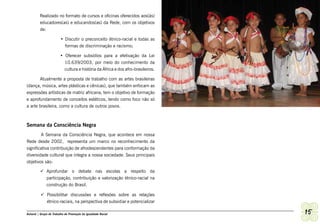 Realizado no formato de cursos e oficinas oferecidos aos(às)
         educadores(as) e educandos(as) da Rede, com os objetivos
         de:

                        • Discutir o preconceito étnico-racial e todas as
                          formas de discriminação e racismo;

                        • Oferecer subsídios para a efetivação da Lei
                          10.639/2003, por meio do conhecimento da
                          cultura e história da África e dos afro-brasileiros.

       Atualmente a proposta de trabalho com as artes brasileiras
(dança, música, artes plásticas e cênicas), que também enfocam as
expressões artísticas de matriz africana, tem o objetivo de formação
e aprofundamento de conceitos estéticos, tendo como foco não só
a arte brasileira, como a cultura de outros povos.



Semana da Consciência Negra
        A Semana da Consciência Negra, que acontece em nossa
Rede desde 2002, representa um marco no reconhecimento da
significativa contribuição de afrodescendentes para conformação da
diversidade cultural que integra a nossa sociedade. Seus principais
objetivos são:

         	Aprofundar o debate nas escolas a respeito da
           participação, contribuição e valorização étnico-racial na
           construção do Brasil.

          	Possibilitar discussões e reflexões sobre as relações
            étnico-raciais, na perspectiva de subsidiar e potencializar

Ashanti | Grupo de Trabalho de Promoção da Igualdade Racial                      15
 