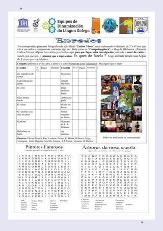 Na contraportada puxemos fotografías da actividade “Cadros Vivos”, onde oalumnado voluntario de 5º e 6º tivo que
elixir un cadro e representalo contando algo del. Pode verse en “Campolongoteca”, o blog da Biblioteca (Etiqueta
Cadros Vivos). Algúns dos cadros puxémolos aquí para que fagas unha investigación poñendo o autor do cadro e
tamén, por que non, o alumn@ que o representou . Es quen de facelo ? Logo anímate tamén coas Sopas
de Letras que tes debaixo.
Colorea o teu Petisco de Agarimo
36
36
 