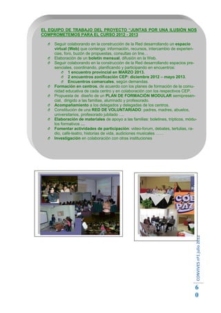 EL EQUIPO DE TRABAJO DEL PROYECTO “JUNTAS POR UNA ILUSIÓN NOS
COMPROMETEMOS PARA EL CURSO 2012 - 2013

  O   Seguir colaborando en la construcción de la Red desarrollando un espacio
      virtual (Web) que contenga: información, recursos, intercambio de experien-
      cias, foro, buzón de propuestas, consultas on line…
  O   Elaboración de un boletín mensual, difusión en la Web.
  O   Seguir colaborando en la construcción de la Red desarrollando espacios pre-
      senciales, coordinando, planificando y participando en encuentros:
           O 1 encuentro provincial en MARZO 2013.
           O 2 encuentros zonificación CEP: diciembre 2012 – mayo 2013.
           O Encuentros comarcales, según demandas.
  O   Formación en centros, de acuerdo con los planes de formación de la comu-
      nidad educativa de cada centro y en colaboración con los respectivos CEP.
  O   Propuesta de diseño de un PLAN DE FORMACIÓN MODULAR semipresen-
      cial, dirigido a las familias, alumnado y profesorado.
  O   Acompañamiento a los delegados y delegadas de los centros.
  O   Constitución de una RED DE VOLUNTARIADO: padres, madres, abuelos,
      universitarios, profesorado jubilado ….
  O   Elaboración de materiales de apoyo a las familias: boletines, trípticos, módu-
      los formativos …
  O   Fomentar actividades de participación: video-forum, debates, tertulias, ra-
      dio, café-teatro, historias de vida, audiciones musicales ……
  O   Investigación en colaboración con otras instituciones




                                                                                   CONVIVES nº1 julio 2012




                                                                                   6
                                                                                   0
 