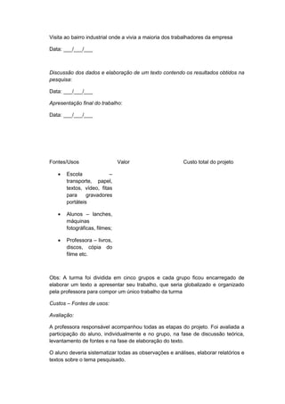 Visita ao bairro industrial onde a vivia a maioria dos trabalhadores da empresa
Data: ___/___/___
Discussão dos dados e elaboração de um texto contendo os resultados obtidos na
pesquisa:
Data: ___/___/___
Apresentação final do trabalho:
Data: ___/___/___
Fontes/Usos Valor Custo total do projeto
 Escola –
transporte, papel,
textos, vídeo, fitas
para gravadores
portáteis
 Alunos – lanches,
máquinas
fotográficas, filmes;
 Professora – livros,
discos, cópia do
filme etc.
Obs: A turma foi dividida em cinco grupos e cada grupo ficou encarregado de
elaborar um texto a apresentar seu trabalho, que seria globalizado e organizado
pela professora para compor um único trabalho da turma
Custos – Fontes de usos:
Avaliação:
A professora responsável acompanhou todas as etapas do projeto. Foi avaliada a
participação do aluno, individualmente e no grupo, na fase de discussão teórica,
levantamento de fontes e na fase de elaboração do texto.
O aluno deveria sistematizar todas as observações e análises, elaborar relatórios e
textos sobre o tema pesquisado.
 