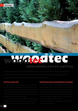 Tehnologie 
Mese modulare de montaj 
Compania elveţiană Woodtec oferă dispozitive şi mese de montaj pentru producţia de prefabricate, 
panouri de pereţi, planşee şi acoperişuri pentru construcţiile cu structură de rezistenţă din lemn, 
echipamente şi instalaţii speciale pentru prelucrarea masei lemnoase. 
Soluţia modulară 
Mesele Woodtec au fost gândite în sistem modular, ofe-rind 
astfel dulgherilor posibilitatea de a obţine masa de montaj 
perfectă pentru realizarea unor cadre din lemn cu dimensiuni şi 
forme specifice. Se pot astfel obţine mese cu lungimi de peste 
15 metri şi lăţimi de 4,5 până la 6 metri şi pot fi adaptate pentru 
a respecta cerinţele fiecărei lucrări în parte. 
Cu modulul de bază se pot monta cadre cu înălţimea maximă 
de 2,82m iar prin folosirea unei simple extensii a mesei de montaj, 
înălţimea cadrului ce poate fi construit creşte până la 3,60m. 
Unitatea de bază: caracteristici şi avantaje 
Masa are o construcţie de tip sandwich formată din două 
straturi de duraluminiu, un miez din OSB şi o margine din lemn 
de molid. Masa poate fi livrată cu suporţi de oţel şi picioare 
reglabile dar poate fi montata şi pe sau suprapusă direct pe 
echipamentul clientului. Mesele de acest gen pot fi uşor deza-samblate 
şi depozitate în spaţii reduse atunci când zona ocupa-tă 
de acestea trebuie folosită la alte lucrări. 
Iată în continuare câteva din caracteristicile avantajoase 
oferite de mesele Woodtec. 
24 
 