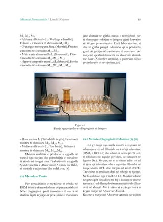 Shkencat Farmaceutike / Lëndët Natyrore 13 
M5, M6, M7; 
- Althaea officinalis L. (Mullaga e bardhë), 
Folium - 2 mostra të shënuara M8, M9; 
- Crataegus monogyna Jacq. (Murrizi), Fructus 
2 mostra të shënuara M10, M11; 
- Matricaria chamomilla L.(Kamomili), Flos- 
3 mostra të shënuara M12, M13, M14; 
- Hypericum perforatum L. (Lulebasani), Herba 
4 mostra të shënuara M15, M16, M17, M18; 
Figura 1 
Pamje nga proçedura e disgregimit të drogave 
- Rosa canina L. (Trëndafili i egër), Fructus-3 
mostra të shënuara M19, M20, M21; 
- Melissa officinalis L. (Bar blete), Folium-3 
mostra të shënuara M22, M23, M24; 
Metoda analitike e përdorur u zgjodh në 
varësi nga natyra dhe përmbajtja e metaleve 
të rënda në drogat tona. Përkatësisht u zgjodh 
Spektrometria e Absorbimit Atomik me flakë, 
si metodë e ndjeshme dhe selektive, (8). 
2.2 Metoda e Punës 
Për përcaktimin e metaleve të rënda në 
DBM është e domosdoshme që paraprakisht të 
bëhet disgregimi i plotë i mostrave të marra në 
studim. Gjatë kryerjes së procedurave të analizës 
janë zbatuar të gjitha masat e nevojshme për 
të shmangur ndotjen e drogave gjatë kryerjes 
së këtyre procedurave. Enët laboratorike, si 
dhe të gjitha paisjet ndihmëse që u përdorën 
gjatë përgatitjes së tretësirave të mostrave, për 
matje në spektrofotometër me absorbim atomik 
me flakë (Absorber atomik), u pastruan sipas 
procedurave të nevojshme, (2). 
2.2.1 Metoda e Disgregimit të Mostrave (2), (9) 
0,5 gr drogë nga secila mostër u trajtuan në 
erlermajera 100 ml, fillimisht me 8 ml ujë mbretëror 
(HNO3 + HCl, 1:3) dhe u lanë në qetësi për 72 orë, 
të mbuluara me kapakë porcelani, siç paraqitet në 
figurën Nr.1. Më pas, në to u shtuan edhe 10 ml 
të tjera ujë mbretëror dhe u ngrohën fillimisht në 
temperaturën 800 C dhe më pas në rreth 2000C. 
Tretësirat u avulluan deri në mbetje të njomë. 
Në to u shtuan nga 2 ml HCl 1:1. Mostrat u lanë 
në qetësi për disa ditë; më tej u kaluan në enë të 
taruara 50 ml dhe u plotësuan me ujë të distiluar 
deri në shenjë. Me tretësirat e përgatitura u 
kryen matjet në Absorber Atomik. 
Kushtet e matjes në Absorber Atomik paraqiten 
 