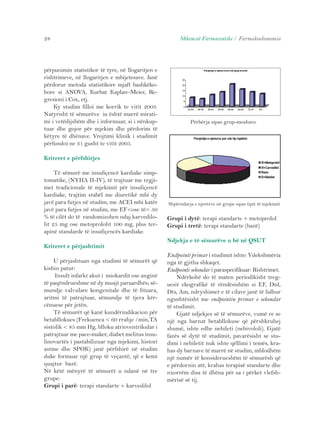 28 Shkencat Farmaceutike / Farmakoekonomia 
përpunimin statistikor të tyre, në llogaritjen e 
rishtrimeve, në llogaritjen e mbijetesave. Janë 
përdorur metoda statistikore mjaft bashkëko-hore 
si ANOVA, Kurbat Kaplan–Meier, Re-gresioni 
i Cox, etj. 
Ky studim filloi me korrik te vitit 2003. 
Natyrisht të sëmurëve iu është marrë mirati-mi 
i vetëdijshëm dhe i informuar, si i nënkup-tuar 
dhe gojor për mjekim dhe përdorim të 
këtyre të dhënave. Vrojtimi klinik i studimit 
përfundoi ne 31 gusht te vitit 2005. 
Kriteret e përfshirjes 
Të sëmurë me insufiçencë kardiake simp-tomatike, 
(NYHA II-IV), të trajtuar me regji-met 
tradicionale të mjekimit për insufiçencë 
kardiake, trajtim stabël me diuretikë mbi dy 
javë para futjes në studim, me ACEI mbi katër 
javë para futjes në studim, me EF<ose të= 50 
% të cilët do të randomizohen ndaj karvedilo-lit 
25 mg ose metoprololit 100 mg, plus ter-apinë 
standarde të insufiçencës kardiake. 
Kriteret e përjashtimit 
U përjashtuan nga studimi të sëmurët që 
kishin patur: 
Insult infarkt akut i miokardit ose anginë 
të paqëndrueshme në dy muajt paraardhës; së-mundje 
valvulare kongenitale dhe të fituara, 
aritmi të patrajtuar, sëmundje të tjera kër-cënuese 
për jetën. 
Të sëmurët që kanë kundërindikacion për 
betabllokues (Frekuenca < 60 rrahje /min,TA 
sistolik < 85 mm Hg, blloku atrioventrikular i 
patrajtuar me pace-maker, diabet melitus insu-linovartës 
i pastabilizuar nga mjekimi, histori 
astme dhe SPOK) janë përfshirë në studim 
duke formuar një grup të veçantë, që e kemi 
quajtur bazë. 
Në këtë mënyrë të sëmurët u ndanë në tre 
grupe: 
Grupi i parë: terapi standarte + karvedilol 
Përbërja sipas grup-moshave 
Shpërndarja e njerëzve në grupe sipas tipit të mjekimit 
Grupi i dytë: terapi standarte + metoprolol 
Grupi i tretë: terapi standarte (bazë) 
Ndjekja e të sëmurëve u bë në QSUT 
Endpointi primar i studimit ishte: Vdekshmëria 
nga të gjitha shkaqet. 
Endpointi sekondar i paraspecifikuar: Rishtrimet. 
Ndërkohë do të maten periodikisht treg-uesit 
ekografikë të rëndësishëm si EF, Dtd, 
Dts, Am, ndryshimet e të cilave janë të lidhur 
ngushtësisht me endpointin primar e sekondar 
të studimit. 
Gjatë ndjekjes së të sëmurëve, vumë re se 
një nga barnat betabllokuse që përshkruhej 
shumë, ishte edhe nebileti (nebivololi). Gjatë 
fazës së dytë të studimit, pavarësisht se stu-dimi 
i nebiletit nuk ishte qëllimi i temës, kra-has 
dy barnave të marrë në studim, mblodhëm 
një numër të konsiderueshëm të sëmurësh që 
e përdornin atë, krahas terapisë standarte dhe 
nxorrëm disa të dhëna për sa i përket vlefsh-mërisë 
së tij. 
 