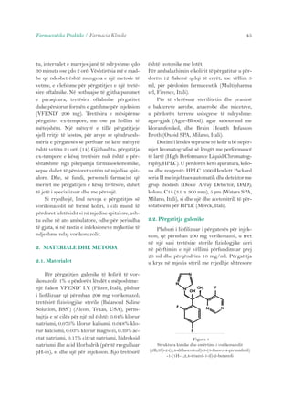 Farmaceutika Praktike / Farmacia Klinike 45 
tu, intervalet e marrjes janë të ndryshme: çdo 
30 minuta ose çdo 2 orë. Vështirësia më e mad-he 
që ndeshet është mungesa e një metode të 
vetme, e vlefshme për përgatitjen e një tretë-sire 
oftalmike. Në pothuajse të gjitha punimet 
e paraqitura, tretësira oftalmike përgatitet 
duke përdorur formën e gatshme për injeksion 
(VFEND® 200 mg). Tretësira e mësipërme 
përgatitet ex-tempore, me ose pa hollim të 
mëtejshëm. Një mënyrë e tillë përgatitjeje 
sjell rritje të kostos, për arsye se qëndruesh-mëria 
e përgatesës së përftuar në këtë mënyrë 
është vetëm 24 orë, (14). Gjithashtu, përgatitja 
ex-tempore e kësaj tretësire nuk është e për-shtatshme 
nga pikëpamja farmakoekonomike, 
sepse duhet të përdoret vetëm në mjedise spit-alore. 
Dhe, së fundi, personeli farmacist që 
merret me përgatitjen e kësaj tretësire, duhet 
të jetë i specializuar dhe me përvojë. 
Si rrjedhojë, lind nevoja e përgatitjes së 
vorikonazolit në formë koliri, i cili mund të 
përdoret lehtësisht si në mjedise spitalore, ash-tu 
edhe në ato ambulatore, edhe për periudha 
të gjata, si në rastin e infeksioneve mykotike të 
ndjeshme ndaj vorikonazolit. 
2. MATERIALE DHE METODA 
2.1. Materialet 
Për përgatitjen galenike të kolirit të vor-ikonazolit 
1% u përdorën lëndët e mëposhtme: 
një flakon VFEND® I.V. (Pfizer, Itali), pluhur 
i liofilizuar që përmban 200 mg vorikonazol; 
tretësirë fiziologjike sterile (Balanced Saline 
Solution, BSS®) (Alcon, Texas, USA), përm-bajtja 
e së cilës për një ml është: 0.64% klorur 
natriumi, 0.075% klorur kaliumi, 0.048% klo-rur 
kalciumi, 0.03% klorur magnezi, 0.39% ac-etat 
natriumi, 0.17% citrat natriumi, hidroksid 
natriumi dhe acid klorhidrik (për të rregulluar 
pH-in), si dhe ujë për injeksion. Kjo tretësirë 
është izotonike me lotët. 
Për ambalazhimin e kolirit të përgatitur u për-dorën 
12 flakonë qelqi të errët, me vëllim 5 
ml, për përdorim farmaceutik (Multipharma 
srl, Firence, Itali). 
Për të vlerësuar sterilitetin dhe praninë 
e baktereve aerobe, anaerobe dhe miceteve, 
u përdorën terrene ushqyese të ndryshme: 
agar-gjak (Agar-Blood), agar sabouraud me 
kloramfenikol, dhe Brain Hearth Infusion 
Broth (Oxoid SPA, Milano, Itali). 
Dozimi i lëndës vepruese në kolir u bë nëpër-mjet 
kromatografisë së lëngët me performancë 
të lartë (High Performance Liquid Chromatog-raphy, 
HPLC). U përdorën këto aparatura, kolo-na 
dhe reagentë: HPLC 1090 Hewlett Packard 
seria II me injektues automatik dhe detektor me 
grup diodash (Diode Array Detector, DAD); 
kolona C18 (3.9 x 300 mm), 5 μm (Waters SPA, 
Milano, Itali), si dhe ujë dhe acetonitril, të për-shtatshëm 
për HPLC (Merck, Itali). 
2.2. Përgatitja galenike 
Pluhuri i liofilizuar i përgatesës për injek-sion, 
që përmban 200 mg vorikonazol, u tret 
në një sasi tretësire sterile fiziologjike deri 
në përftimin e një vëllimi përfundimtar prej 
20 ml dhe përqëndrim 10 mg/ml. Përgatitja 
u krye në mjedis steril me rrjedhje shtresore 
Figura 1 
Struktura kimike dhe emërtimi i vorikonazolit 
(2R,3S)-2-(2,4-difluorofenil)-3-(5-fluoro-4-pirimidinil) 
-1-(1H-1,2,4-triazol-1-il)-2-butanoli 
 
