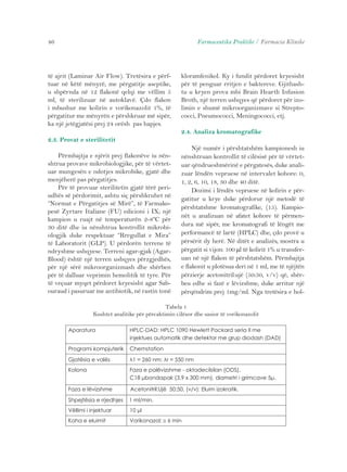 46 Farmaceutika Praktike / Farmacia Klinike 
të ajrit (Laminar Air Flow). Tretësira e përf-tuar 
në këtë mënyrë, me përgatitje aseptike, 
u shpërnda në 12 flakonë qelqi me vëllim 5 
ml, të sterilizuar në autoklavë. Çdo flakon 
i mbushur me kolirin e vorikonazolit 1%, të 
përgatitur me mënyrën e përshkruar më sipër, 
ka një jetëgjatësi prej 24 orësh pas hapjes. 
2.3. Provat e sterilitetit 
Përmbajtja e njërit prej flakonëve iu nën-shtrua 
provave mikrobiologjike, për të vërtet-uar 
mungesën e ndotjes mikrobike, gjatë dhe 
menjëherë pas përgatitjes. 
Për të provuar sterilitetin gjatë tërë peri-udhës 
së përdorimit, ashtu siç përshkruhet në 
“Normat e Përgatitjes së Mirë”, të Farmako-pesë 
Zyrtare Italiane (FU) edicioni i IX; një 
kampion u ruajt në temperaturën 2-8ºC për 
30 ditë dhe iu nënshtrua kontrollit mikrobi-ologjik 
duke respektuar “Rregullat e Mira” 
të Laboratorit (GLP). U përdorën terrene të 
ndryshme ushqyese. Terreni agar-gjak (Agar- 
Blood) është një terren ushqyes përzgjedhës, 
për një sërë mikroorganizmash dhe shërben 
për të dalluar veprimin hemolitik të tyre. Për 
të veçuar myqet përdoret kryesisht agar Sab-ouraud 
i pasuruar me antibiotik, në rastin tonë 
kloramfenikol. Ky i fundit përdoret kryesisht 
për të penguar rritjen e baktereve. Gjithash-tu 
u kryen prova mbi Brain Hearth Infusion 
Broth, një terren ushqyes që përdoret për izo-limin 
e shumë mikroorganizmave si Strepto-cocci, 
Pneumococci, Meningococci, etj. 
2.4. Analiza kromatografike 
Një numër i përshtatshëm kampionesh iu 
nënshtruan kontrollit të cilësisë për të vërtet-uar 
qëndrueshmërinë e përgatesës, duke anali-zuar 
lëndën vepruese në intervalet kohore: 0, 
1, 2, 6, 10, 18, 30 dhe 40 ditë. 
Dozimi i lëndës vepruese në kolirin e për-gatitur 
u krye duke përdorur një metodë të 
përshtatshme kromatografike, (15). Kampio-nët 
u analizuan në afatet kohore të përmen-dura 
më sipër, me kromatografi të lëngët me 
performancë të lartë (HPLC) dhe, çdo provë u 
përsërit dy herë. Në ditët e analizës, mostra u 
përgatit si vijon: 100 μl të kolirit 1% u transfer-uan 
në një flakon të përshtatshëm. Përmbajtja 
e flakonit u plotësua deri në 1 ml, me të njëjtën 
përzierje acetonitril:ujë (50:50, v/v) që, shër-beu 
edhe si fazë e lëvizshme, duke arritur një 
përqëndrim prej 1mg/ml. Nga tretësira e hol- 
Tabela 1 
Kushtet analitike për përcaktimin cilësor dhe sasior të vorikonazolit 
Aparatura HPLC-DAD: HPLC 1090 Hewlett Packard seria II me 
injektues automatik dhe detektor me grup diodash (DAD) 
Programi kompjuterik Chemstation 
Gjatësia e valës λ1 = 260 nm; λr = 550 nm 
Kolona Faza e palëvizshme - oktadecilsilan (ODS), 
C18 μbondapak (3,9 x 300 mm), diametri i grimcave 5μ. 
Faza e lëvizshme Acetonitril:Ujë 50:50, (v/v); Eluim izokratik. 
Shpejtësia e rrjedhjes 1 ml/min. 
Vëllimi i injektuar 10 μl 
Koha e eluimit Vorikonazol: ≅ 6 min 
 
