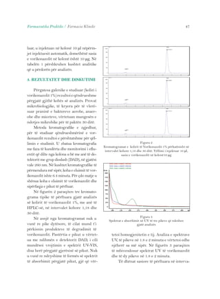 Farmaceutika Praktike / Farmacia Klinike 47 
luar, u injektuan në kolonë 10 μl nëpërm-jet 
injektuesit automatik, domethënë sasia 
e vorikonazolit në kolonë është 10 μg. Në 
tabelën 1 përshkruhen kushtet analitike 
që u përdorën për analizën. 
3. REZULTATET DHE DISKUTIMI 
Përgatesa galenike e studiuar (koliri i 
vorikonazolit 1%) rezultoi e qëndrueshme 
përgjatë gjithë kohës së analizës. Provat 
mikrobiologjike, të kryera për të vlerë-suar 
praninë e baktereve aerobe, anaer-obe 
dhe miceteve, vërtetuan mungesën e 
ndotjes mikrobike për të paktën 30 ditë. 
Metoda kromatografike e zgjedhur, 
për të studiuar qëndrueshmërinë e vor-ikonazolit 
rezultoi e përshtatshme për qël-limin 
e studimit. U zbatua kromatografia 
me faza të kundërta dhe monitorimi i eflu-entit 
që dilte nga kolona u bë me anë të de-tektorit 
me grup diodash (DAD), në gjatësi 
vale 260 nm. Në kushtet kromatografike të 
përmendura më sipër, koha e eluimit të vor-ikonazolit 
ishte 6.4 minuta. Për çdo matje u 
shënua koha e eluimit të vorikonazolit dhe 
sipërfaqja e pikut të përftuar. 
Në figurën 2 paraqiten tre kromato-grama 
tipike të përftuara gjatë analizës 
së kolirit të vorikonazolit 1%, me anë të 
HPLC-së, në intervalet kohore 1,18 dhe 
30 ditë. 
Në asnjë nga kromatogramat nuk u 
vunë re pike dytësore, të cilat mund t’i 
përkisnin produkteve të degradimit të 
vorikonazolit. Pastërtia e pikut u vërtet-ua 
me ndihmën e detektorit DAD, i cili 
mundësoi vrojtimin e spektrit UV-VIS, 
disa herë përgjatë gjerësisë së pikut. Nuk 
u vunë re ndryshime të formës së spektrit 
të absorbimit përgjatë pikut, gjë që vër- 
Figura 2 
Kromatogramat e kolirit të Vorikonazolit 1% përkatësisht në 
intervalet kohore 1,18 dhe 30 ditë. Vëllimi i injektuar 10 μl, 
sasia e vorikonazolit në kolonë10 μg 
Figura 3 
Spektrat e absorbimit në UV të tre pikeve që ndeshen 
gjatë analizës 
tetoi homogjenitetin e tij. Analiza e spektrave 
UV, të pikeve në 1.8 e 2 minuta e vërtetoi edhe 
njëherë sa më sipër. Në figurën 3 paraqiten 
të mbivendosur spektrat UV të vorikonazolit 
dhe të dy pikeve në 1.8 e 2 minuta. 
Të dhënat sasiore të përftuara në interva- 
 