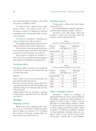 Farmaceutika Praktike / Industria Farmaceutike 
Rezultatet e aftësisë përhapëse të mostrës Nr.1 
Pesha e 
ushtruar 
Tabela 3 
Rrezja e 
përhapjes (cm) 
Sipërfaqja 
(cm2) 
pa gur peshë 2.0 12.56 
10 g 2.1 13.85 
50 g 4.0 50.24 
100g 4.6 66.44 
200g 4.8 72.35 
Rezultatet e aftësisë përhapëse të mostrës Nr.II 
Pesha e 
ushtruar 
Tabela 4 
Rrezja e 
përhapjes (cm) 
Sipërfaqja 
(cm2) 
pa gur peshë 3.5 38.47 
10 g 3.6 40.69 
50 g 4.1 52.78 
100g 4.5 63.59 
200g 5.0 78.50 
dhe të dy kanë ngjyrë të bardhë, e cila nuk ka 
ndryshuar me kalimin e kohës. 
Era duhet të jetë e njëjtë me atë të për-bërësve. 
Kremi nuk duhet të ketë erën e 
produkteve yndyrore të hidhëruara. Kremrat 
e përgatitur kanë erën karakteristike të parfu-mit 
të përdorur. 
Homogjeniteti i kremrave u përcaktua me 
anën e vrojtimit me sy dhe me thjerrë. 
Në dy pllaka qelqi u përhap nga një shtresë e 
hollë e secilit krem dhe u bënë vrojtimet, (6). 
Me sy të lirë, u vërejt që asnjëri prej krem-rave 
nuk kishte grimca lëndësh të shpërndara 
në mënyrë jo të njëtrajtshme apo kokrriza. 
Nga vrojtimi me thjerrë që zmadhon 4.5 
herë, u pa se kremrat kishin pamje homogjene 
dhe pa grimca të mbledhura në aglomerate. 
Përcaktimi i pH-it 
Përcaktimi i pH-it të kremit ka një rëndësi të 
veçantë për të vlerësuar nëse kremi është ose 
jo acarues për indet. 
Aparati 
Vlera e pH-it të një tretësire përcaktohet me 
potenciometri dhe kolorimetri. 
Me anë të potenciometrit, masim diferencën 
e mundshme midis një elektrode indikatore të 
ndjeshme ndaj joneve hidrogjen dhe një elek-trode 
referencë. 
Aparati matës eshte nje voltmetër, i graduar 
në njësi pH, me ndjeshmëri deri 0.05 njësi pH 
ose 0.003 V. 
METODA 
Përgatitja e mostrës 
Morëm nje sasi të vogël kremi dhe i shtu-am 
20 g ujë të distiluar të ftohtë meqenëse 
kemi të bëjmë me emulsion V/U. E tundëm 
dhe tretësires së formuar i matëm pH-in me 
letër lakmus ose me pH-metër, (7). 
Kalibrimi i aparatit 
Temperatura e dhomës ku bëmë matjen 
ishte rreth 25ºC. 
Për të bërë kalibrimin e aparatit, përdorëm 3 
tretësira buffer standarte me pH= 4;7 dhe 10. 
Së fundi, u krye edhe matja e pH-it për 
mostrën e marrë nga formulimi I dhe për 
mostrën e marrë nga formulimi II. 
Aftësia e përhapjes në lëkurë 
Përcaktimi i aftësisë së përhapjes në 
lëkurë është bërë me anën e ekstensiomatësit. 
Në pllakën e poshtme të ekstensiomatësit, në 
qendër të rrethit të parë, u vendos 1 g krem 
dhe mbi të u vendos pllaka e sipërme e qelqit. 
U shënua diametri i rrethit që zinte kremi si 
rezultat i shtypjes që ushtronte pllaka e qelqit 
me peshë 55 g. Më pas në pllakën e sipërme 
të ekstensiomatësit vendosëm pesha që vinin 
duke u rritur (10, 50, 100 dhe 200 g), në in-tervale 
prej 1 minute dhe u lexua diametri 
62 
 