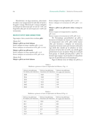 64 Farmaceutika Praktike / Industria Farmaceutike 
Nënshtrimi i të dyja mostrave, alternimit 
të cikleve me temperaturë të ulët dhe të lartë u 
bë gjatë 1 muaji. Mostrat për 1 muaj u mbajtën 
në mënyrë të alternuar për 48 orë në +4ºC (në 
frigorifer) dhe për 48 orë të tjera në +40ºC (në 
termostat). 
REZULTATET DHE DISKUTIMI 
Nga matjet e bëra u morën këto rezultate: pH-i 
Mostra Nr.I 
Matjet e pH-it me letër lakmus 
Krem i mbajtur në temp. e mjedisit, pH= 5.5-6.0 
Krem i mbajtur në termostat në 40ºC, pH =5.5-6.0 
Matjet e pH-it me pH-metër 
Krem i mbajtur në temp. mjedisit, pH = 6.37 
Krem i mbajtur në termostat në 40ºC, pH =6.34 
Mostra Nr.II 
Matjet e pH-it me letër lakmus 
Krem i mbajtur në temp. mjedisit, pH = 5.5-6.0 
Krem i mbajtur në termostat në 40ºC, pH = 5.5- 
6.0 
Matjet e pH-it me pH-metër mbas 3 muaj ru-ajtjeje 
Krem i ruajtur në temperaturën e mjedisit, 
pH =6.65 
Krem i ruajtur në termostat në 40ºC, pH =6.54 
kremrave të luhatet në vlerat 4.5-8.5 kur ruhet 
në temperaturë nën 25ºC. pH-i është matur 
edhe për kremrat e mbajtur në termostat, 
meqenëse kremrat tanë janë kremra mbrojtës 
nga dielli dhe ndodh që të mbahen në tem-peratura 
përdorimit të tyre në plazh. Ndaj me të drejtë 
lind pyetja: A ndodh përndryshim i pH-it të 
kremit nga ruajtja e tij në kushte të ndryshme 
nga ato të përshkruara në Farmakope? 
Tabela 5 
Në Farmakope parashikohet që pH-i i 
të larta deri në 40ºC, siç ndodh gjatë 
Nga të dhënat tona në lidhje me pH-in, u 
Madhësia e grimcave të fazës së shpërndarë tek Mostra 1 Fig. 1.2 
Grimca me përmasa 
të mëdha (në mikrofon) 
Grimca me përmasa 
mesatare (në mikrofon) 
Grimca me përmasa 
të vogla (në mikrofon) 
23.8 16.8 3.5 
25.6 15.8 7.7 
23.5 11.2 3.5 
24.7 12.3 6.6 
24.0 10.2 4.9 
25.2 12.5 7.4 
Tabela 6 
Madhësia e grimcave të fazës së shpërndarë tek Mostra II Fig. 2.2 
Grimca me përmasa 
të mëdha (në mikrofon) 
Grimca me përmasa 
mesatare (në mikrofon) 
Grimca me përmasa 
të vogla (në mikrofon) 
16.1 10.5 4.2 
23.1 6.3 2.8 
18.2 9.1 3.5 
14.7 6.3 2.1 
17.6 7 2.5 
16.7 8.4 2.7 
 