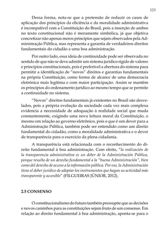 123
Dessa forma, nota-se que a pretensão de reduzir os casos de
aplicação dos princípios da eficiência e da moralidade administrativa
é incompatível com a Constituição do Brasil, pois a inserção de ambos
no texto constitucional não é meramente simbólica, já que objetiva
concretizar não apenas meros princípios que sejam observados pela Ad-
ministração Pública, mas representa a garantia de verdadeiros direitos
fundamentais do cidadão a uma boa administração.
Por outro lado, essa ideia de continuidade pode ser observada no
sentido de que não se deve admitir um sistema jurídico rígido de valores
e princípios constitucionais, pois é preferível a abertura do sistema para
permitir a identificação de “novos” direitos e garantias fundamentais
na própria Constituição, como forma de alcance de uma democracia
eletrônica mais legítima e com maior participação. Assim se mantêm
os princípios do ordenamento jurídico ao mesmo tempo que se permite
a continuidade no sistema.
“Novos” direitos fundamentais já existentes no Brasil são desve-
lados, pois a própria evolução da sociedade cada vez mais complexa
evidencia a necessidade de adequação à realidade social que muda
constantemente, exigindo uma nova leitura moral da Constituição, o
mesmo em relação ao governo eletrônico, pois o que é um dever para a
Administração Pública, também pode ser entendido como um direito
fundamental do cidadão, como a moralidade administrativa e o dever
de transparência para o exercício da plena cidadania.
A transparência está relacionada com o reconhecimento do di-
reito fundamental à boa administração. Com efeito, “la realización de
la transparencia administrativa es un deber de la Administración Pública,
porque resulta de un derecho fundamental a la “buena Administración”, bien
como del derecho de acceso a la información pública. Por eso, la Administración
tiene el deber jurídico de adoptar los instrumentos que hagan su actividad más
transparente y accesible” (FILGUEIRAS JÚNIOR, 2012).
2.5 CONSENSO
O constitucionalismo do futuro também pressupõe que as decisões
e novos caminhos para as constituições sejam fruto de um consenso. Em
relação ao direito fundamental à boa administração, aponta-se para o
 