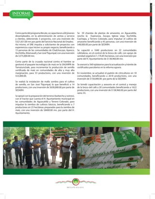 MATLA PA 2012-2015
4
ComopartedelprogramaBécate,secapacitarona60jóvenes
desempleados, en la administración de ventas y servicio
a clientes, obteniendo 3 proyectos, con una inversión de:
$321,651.00 mn por parte del Servicio Nacional de Empleo.
Así mismo, el SNE impulsa a solicitantes de proyectos con
experiencia a que inicien su propio negocio, beneficiando a
15 personas de las comunidades de Chalchocoyo, Apanco,
Xochititla,AtlamaxaltySanJoséTlajumpal,conunainversión
de $375,000.00 mn.
Como parte de la cruzada nacional contra el hambre se
gestionó el paquete tecnológico de maíz en la SAGARPA de
Tamazunchale, para incrementar la producción de semilla
certificada de maíz en comunidades de alta y muy alta
marginación, para 53 productores, con una inversión de
$53,000.00.
Se realizó la instalación de malla sombra para el cultivo
de vainilla, en San José Tlajumpal, lo que benefició a 14
productores, con una inversión de $630,000.00 por parte de
SEDARH.
Se apoyó con la preparación del terreno (barbecho y rastreo),
con el tractor que cuenta el H. Ayuntamiento municipal en
las comunidades de Aguacatitla y Terrero Colorado, para
impulsar la siembra de cultivos básicos, beneficiando a 7
productores en 23 hectáreas preparadas para la siembra de
maíz, con una inversión de $8400.00 mn, por parte del H.
Ayuntamiento.
Se 59 charolas de plantas de amaranto, en Aguacatitla,
rancho la Esperanza, Zacayo, Iglesia vieja, Xochititla,
Cuichapa, y Terrero Colorado, para impulsar el cultivo de
amaranto beneficiando a 45 personas, con una inversión de
$48,000.00 por parte de SEDARH.
Se capacitó a 1640 productores en 22 comunidades
cafetaleras, en el control de la broca de café, con apoyo de
sanidad vegetal en 1,176.85 hectáreas, con una inversión por
parte del H. Ayuntamiento de $138,960.00 mn.
Se asesoró a 560 ejidatarios para la actualización y trámite de
certificados parcelarios en la reforma agraria.
En noviembre, se actualizó el padrón de citricultores en 18
comunidades, beneficiando a 2618 productores, con una
inversión de $150,000.00 por parte de la SEDARH.
Se brindó capacitación y asesoría en el control y manejo
de la broca del café a 20 comunidades beneficiando a 1622
productores, con una inversión de $138,960.00 por parte del
ramo 33.
 