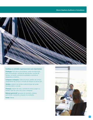 Moore Stephens Auditores e Consultores
Conheça os controles organizacionais mais importantes:
Produção: ficha técnica de produtos, ordem de fabricação,
plano de produção, controle de mão de obra, controle de
facções, se houver, controle de qualidade e controle de
desperdícios e defeitos.
Compras e estoques: coleta de preços, pedidos de compra,
recebimentos de compra e controle de estoque ou de seu giro.
Vendas: cadastro de clientes e administração de vendas
(controle diário e mensal).
Finanças: registro de caixa, controle de contas a pagar e a
receber, fluxo de caixa e de custos e despesas.
Balanço gerencial: apuração de resultados, balanço
patrimonial, orçamento e projeção de resultados.
Fonte: Sebrae
25
 