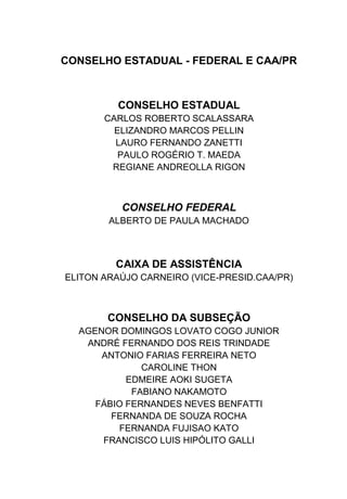 CONSELHO ESTADUAL - FEDERAL E CAA/PR
CONSELHO ESTADUAL
CARLOS ROBERTO SCALASSARA
ELIZANDRO MARCOS PELLIN
LAURO FERNANDO ZANETTI
PAULO ROGÉRIO T. MAEDA
REGIANE ANDREOLLA RIGON
CONSELHO FEDERAL
ALBERTO DE PAULA MACHADO
CAIXA DE ASSISTÊNCIA
ELITON ARAÚJO CARNEIRO (VICE-PRESID.CAA/PR)
CONSELHO DA SUBSEÇÃO
AGENOR DOMINGOS LOVATO COGO JUNIOR
ANDRÉ FERNANDO DOS REIS TRINDADE
ANTONIO FARIAS FERREIRA NETO
CAROLINE THON
EDMEIRE AOKI SUGETA
FABIANO NAKAMOTO
FÁBIO FERNANDES NEVES BENFATTI
FERNANDA DE SOUZA ROCHA
FERNANDA FUJISAO KATO
FRANCISCO LUIS HIPÓLITO GALLI
 