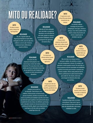 Foto:©Samuel|AdobeStock
Foto:©Photographee.eu–Fotolia
REALIDADE
São, sim. Segundo dados da
Organização Mundial da Saúde (OMS),
divulgados em 2016, uma em cada cinco
mulheres e um em cada 13 homens
declararam haver sofrido abuso
sexual na infância.
REALIDADE
O problema atinge todos os estratos
socioculturais. O que ocorre é que os
casos de abuso em classes sociais mais
altas são subnotificados e têm menor
visibilidade na mídia.
REALIDADE
Ao contrário, utilizam
estratégias de persuasão e
manipulação como jogos, mentiras e
ameaças. Essas táticas podem incluir
desde a compra de presentes até
mesmo a organização de
atividades especiais.
REALIDADE
Qualquer pessoa pode ser
um abusador. Tanto homens como
mulheres, heterossexuais ou homossexuais,
pessoas neuróticas, psicóticas ou perversas. Não
existe um perfil de personalidade específico nem testes
que detectem quem agrediu ou tem potencial de abusar
sexualmente de uma criança. Isso dificulta a prevenção,
pois o abusador costuma ser uma pessoa próxima e de
confiança da família, alguém cujo comportamento
social (que se vê) não revela sua conduta
sexual (que não se vê).
REALIDADE
Não está claro se as crianças mentem
mais que os adultos. Ao contrário, as crianças
são mais transparentes e sinceras. Em verdade, elas
aprendem a mentir quando crescem. Por outro lado, as
crianças pequenas não têm maturidade nem habilidades
cognitivas necessárias para inventar e sustentar uma
mentira complexa. Menos ainda poderiam fazê-lo
frente a profissionais de saúde mental treinados
para avaliá-los. No entanto, existe uma
porcentagem de denúncias desse tipo
que são falsas.
REALIDADE
MITO
Os abusos sexuais
contra crianças não
são frequentes.
REALIDADE
Aplicados de forma adequada
para cada idade, os programas
educativos, em vez de deixá-las
com medo, ajudam as crianças a
desenvolver habilidades a fim de
se protegerem dos agressores
de maneira eficaz.
com medo, ajudam as crianças a
desenvolver habilidades a fim de MITO
Crianças muito
pequenas não precisam
saber sobre o abuso sexual
porque teriam medo do
assunto.
REALIDADE
MITO
Os abusos sexuais
ocorrem contra crianças
de famílias socialmente
vulneráveis.
REALIDADE
Ao contrário, utilizam
estratégias de persuasão e
MITO
Os agressores usam
a força física para abusar
sexualmente das
crianças.
REALIDADE
Isso ocorre em uma
proporção muito pequena e nos
casos em que o menor não recebeu
tratamento. Por causa desse mito, muitos
adultos que foram violentados temem falar
da sua experiência, pois imaginam que
possam ser vistos como possíveis
abusadores.
proporção muito pequena e nos
casos em que o menor não recebeu
tratamento. Por causa desse mito, muitos
MITO
As crianças que
sofreram abusos sexuais
se tornam adultos
agressores.
um abusador. Tanto homens como
mulheres, heterossexuais ou homossexuais,
pessoas neuróticas, psicóticas ou perversas. Não
MITO
Os agressores têm um
perfil comportamental
específico, geralmente são
pessoas mais isoladas.
REALIDADE
Não está claro se as crianças mentem
MITO
As crianças
mentem e inventam
quando falam que
foramabusadas.
MITO OU REALIDADE?
cp
12 Q U E B R A N D O O S I L Ê N C I O
39305_QuebrandoSilencio.indd 12 11/02/2019 17:18
 