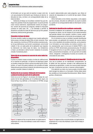 proyectos linux
     EOL: Generación de exámenes online autocorregidos


       el formulario per se que sería el examen a pasar como tal,                 la opción seleccionada para cada pregunta, que ofrece el
       y la que procese la información que introduzca el alumno, le               conjunto de respuestas en un control de tipo select. (Véase
       devuelva la nota y la lleve a la correspondiente tabla de la               el Listado 4).
       base de datos.                                                                 Dicho formulario envía dichas respuestas a otra página
           Volviendo al trabajo con el profesor, también hay que dis-             que las procesa, devuelve la calificación al usuario (Listado
       tinguir dos grandes líneas de programación: la que le permita              5) y graba en la correspondiente tabla la información corres-
       crear nuevos exámenes, especificando número de pregun-                     pondiente.
       tas, número de opciones por pregunta, señalar la respuesta
       correcta en cada caso, etc..., y la orientada a permitir al                Solicitud de identificación mediante contraseña
       docente la consulta de notas de alumnos que ya han pasado     Durante la instalación de la aplicación, una de las tablas que
       exámenes anteriormente generados.                             se genera es claves, con los campos id (con autoincremento)
                                                                     que permita indexar a los usuarios, nombre y contra, ambos
       Conexión a la base de datos                                   procesados previamente con la función de encriptación md5.
       El primer escollo a saltar es asegurar que nuestra aplicación     En el momento en que un profesor necesita identificarse
       tiene acceso a la base de datos SQL en todo momento. Para para acceder a la aplicación de creación de nuevos exáme-
       ello, crearemos un archivo en PHP de nombre conectarse.php, nes o a los resultados de pruebas anteriores, se le presenta-
       en el que definiremos una función conectarse(), como la del rá un formulario con dos textbox, de nombre nombre y con-
       Listado 2. Así, en cada parte de la aplicación que requiera tra, precisamente, que lo envía por el método POST a otro
       la interacción con dicha base de datos, nos limitaremos archivo en PHP, denominado procesaclaves.php. El Listado
       a hacer una llamada a dicha función mediante el comando 6 recogería la forma en que EOL recoge y compara dichos
       include (“conectarse.php”);                                   datos, previamente encriptados, con los que tiene en la tabla
                                                                     claves, otorgando o denegando el acceso de acuerdo a la
       Selección de un examen en concreto de entre todos los veracidad de esos datos.
       disponibles
       Cuando el profesor desee acceder a la lista de calificaciones              Creación de un examen (I). Modificación de la base SQL
       en un examen en particular, o el alumno se disponga a pasar                Una vez el profesor se ha identificado correctamente, se
       su prueba y tenga que indicar cuál es la prueba que le corres-             le deben dar dos opciones: acceder a las calificaciones de
       ponde, un nuevo formulario realizará una consulta a la tabla               exámenes ya generados, o crear una nueva prueba (siempre
       listaexamenes para ofrecer la relación de exámenes que ya se               tipo test, si queremos que sea un examen autocorregido).
       pueden consultar (véase el Listado 3).                                         Si la elección es crear una nueva prueba, el primer paso
                                                                                  será recoger los datos en un formulario. Dichos datos serán
       Realización de un examen. Rellenado del formulario                         las variables ya mencionadas $nombrexamen, $titulo, $npre-
       y autocorrección por parte de la aplicación                                guntas y $nopciones.
       Como se ve en la Figura 3, el proceso de trabajo de cual-
       quiera de los test generados por el profesorado sigue una
       línea de flujo muy definida: un formulario en XHTML recoge




       Figura 5. Un diagrama de flujo nos permite abordar una ingente tarea de    Figura 6. Un diagrama de flujo nos permite abordar una ingente tarea de
       programación de un modo más simplificado, al poder dividir el trabajo en   programación de un modo más simplificado, al poder dividir el trabajo en
       varias subtareas                                                           varias subtareas




32                                                                      LiNUX+ 7/2010
 