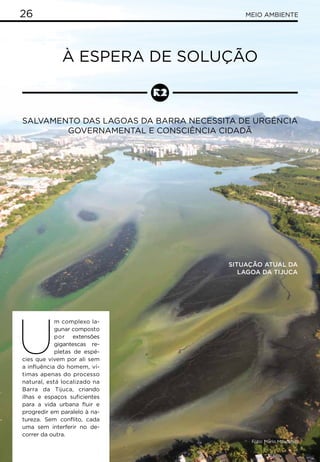 26 meio ambiente
U
m complexo la-
gunar composto
por extensões
gigantescas re-
pletas de espé-
cies que vivem por ali sem
a influência do homem, ví-
timas apenas do processo
natural, está localizado na
Barra da Tijuca, criando
ilhas e espaços suficientes
para a vida urbana fluir e
progredir em paralelo à na-
tureza. Sem conflito, cada
uma sem interferir no de-
correr da outra.
À espera de solução
Salvamento das lagoas da Barra necessita de urgência
governamental e consciência cidadã
Situação atual da
Lagoa da Tijuca
Foto: Mario Moscatelli
 