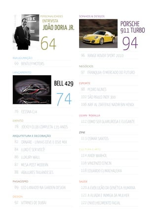 Personalidades      sonhos & desejos
                   entreVista
                                                                   porsche
                   João doria Jr.                                  911 turbo

                  64                   96 RAngE ROvER SPORT 2010
                                                                   94
inauguração

 69 BEnTlEY MOTORS
                                      negócios

lançaMento                             97 FRAnQuiA: O MERCAdO dO FuTuRO

                           Bell 429   esPorte

                                       98 PEdRO nunES




 76 CESSnA CJ4
                           74          102 SãO PAulO indY 300
                                       106 ARiF Al zAFEEn E nAdiR Bin HEndi

                                      lilian risKalla
evento                                 112 COMO SER glAMuROSA E ElEgAnTE
 78 JOCkEY CluB COMPlETA 135 AnOS
                                      zine
arquitetura e decoração
                                       113 OSMAR SAnTOS
 82 ORnARE - linHAS EEvE E EEvE Mix
 84 luxO É SER vOCÊ!                  cultura e arte


 86 luxuRY wAll                        114 AndY wARHOl

 87 MESA POST MOdERn                   116 vinCEnzO CEnCin

 88 ABAJuRES TAilAndESES               118 EduARdO CliMACHAuSkA

PaisagisMo                            saúde

 89 lEO lAniAdO nA gARdEn dESign       120 A EvOluÇãO dA gEnÉTiCA HuMAnA

design                                 121 A AliAdA E iniMigA dA MulHER
 92 viTRinES dE duBAi                  122 EnvElHECiMEnTO FACiAl
 