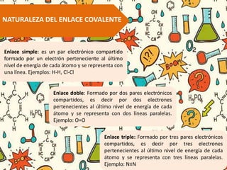 NATURALEZA DEL ENLACE COVALENTE
Enlace simple: es un par electrónico compartido
formado por un electrón perteneciente al último
nivel de energía de cada átomo y se representa con
una línea. Ejemplos: H-H, Cl-Cl
Enlace doble: Formado por dos pares electrónicos
compartidos, es decir por dos electrones
pertenecientes al último nivel de energía de cada
átomo y se representa con dos líneas paralelas.
Ejemplo: O=O
Enlace triple: Formado por tres pares electrónicos
compartidos, es decir por tres electrones
pertenecientes al último nivel de energía de cada
átomo y se representa con tres líneas paralelas.
Ejemplo: N≡N
 