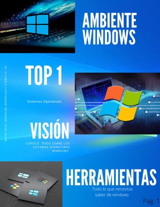 AMBIENTE
WINDOWS
M
A
Y
O
2
0
2
2
/
M
A
R
I
A
L
B
E
G
O
N
Z
A
L
E
Z
>
/
2
7
6
8
0
1
1
0
-
4
5
TOP 1
Sistemas Operativos
VISIÓN
CONOCÉ TODO SOBRE LOS
SI STEMAS OPERATI BOS
WI MDOWS
HERRAMIENTAS
Todo lo que necesitas
saber de windows
Pag. 1
 