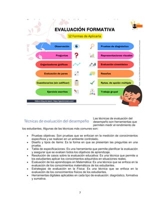 7
Ejemplos de como evaluar en la evaluación formativa como se presenta en la imagen.
Las técnicas de evaluación del
desempeño son herramientas que
permiten medir el rendimiento de
los estudiantes. Algunas de las técnicas más comunes son:
• Pruebas objetivas: Son pruebas que se enfocan en la medición de conocimientos
específicos y se realizan en un ambiente controlado.
• Diseño y tipos de ítems: Es la forma en que se presentan las preguntas en una
prueba.
• Tabla de especificaciones: Es una herramienta que permite planificar la evaluación
y asegurar que se evalúen todos los objetivos de aprendizaje.
• Resolución de casos sobre la evaluación educativa: Es una técnica que permite a
los estudiantes aplicar los conocimientos adquiridos en situaciones reales.
• Evaluación de los aprendizajes en Matemática: Es una técnica que se enfoca en la
evaluación de los conocimientos matemáticos de los estudiantes.
• Estrategias de evaluación en la Física: Es una técnica que se enfoca en la
evaluación de los conocimientos físicos de los estudiantes.
• Herramientas digitales aplicables en cada tipo de evaluación: diagnóstico, formativa
y sumativa.
Técnicas de evaluación del desempeño
 