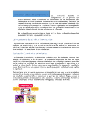 8
La evaluación basada en
competencias es un proceso que
busca identificar, medir y desarrollar las capacidades de los trabajadores para
desempeñar acciones y resolver problemas en situaciones reales y complejas. Se
basa en el uso de instrumentos como las rúbricas, que gradúan los niveles de logro
de los desempeños esperados. La evaluación por competencias se ha posicionado
como un método alternativo o complementario a la evaluación de desempeño o por
objetivos. A través de esta técnica, eliminamos la influencia.
La evaluación por competencias se divide en tres tipos: evaluación diagnóstica,
evaluación formativa y evaluación sumativa.
La importancia de planificar la evaluación
La planificación de la evaluación es fundamental para asegurar que se evalúen todos los
objetivos de aprendizaje y que se utilicen las técnicas de evaluación adecuadas. La
planificación también permite a los docentes tomar decisiones informadas sobre el proceso
de enseñanza y el aprendizaje de los estudiantes.
Evaluación Cuantitativa y Cualitativa
La evaluación cuantitativa y la evaluación cualitativa son dos enfoques distintos para
analizar un fenómeno o un problema. La evaluación cuantitativa se basa en datos
numéricos, medidas objetivas y métodos estadísticos. La evaluación cualitativa se enfoca
en la experiencia individual, los aspectos sensoriales, emocionales y valorativos, y el
análisis e interpretación de informaciones no cuantificables. La evaluación cuantitativa
busca determinar leyes universales, mientras que la evaluación cualitativa busca explicar
el significado-
Es importante tener en cuenta que ambos enfoques tienen sus usos en una variedad de
campos. En la ciencia, ambos métodos pueden ser importantes cuando se están evaluando
los resultados experimentales o decidiendo a qué tipo de hipótesis llegar, aunque la
evaluación cuantitativa a veces es más útil a las demás personas en el campo. También se
pueden utilizar para evaluar el rendimiento del negocio y establecer de metas.
Evaluación basada en competencias
 