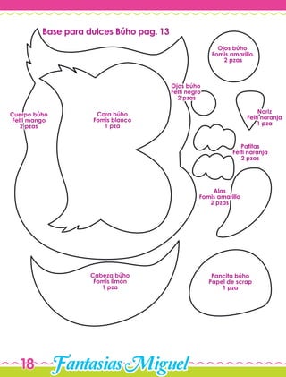 FantasiasMiguel18
Base para dulces Búho pag. 13
Cuerpo búho
Felti mango
2 pzas
Cara búho
Fomis blanco
1 pza
Ojos búho
Fomis amarillo
2 pzas
Ojos búho
Felti negro
2 pzas
Nariz
Felti naranja
1 pza
Patitas
Felti naranja
2 pzas
Alas
Fomis amarillo
2 pzas
Pancita búho
Papel de scrap
1 pza
Cabeza búho
Fomis limón
1 pza
 