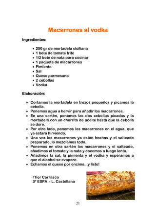 21
Macarrones al vodka
Ingredientes:
250 gr de mortadela siciliana
1 bote de tomate frito
1/2 bote de nata para cocinar
1 paquete de macarrones
Pimienta
Sal
Queso parmesano
2 cebollas
Vodka
Elaboración:
Cortamos la mortadela en trozos pequeños y picamos la
cebolla.
Ponemos agua a hervir para añadir los macarrones.
En una sartén, ponemos las dos cebollas picadas y la
mortadela con un chorrito de aceite hasta que la cebolla
se dore.
Por otro lado, ponemos los macarrones en el agua, que
ya estará hirviendo.
Una vez los macarrones ya están hechos y el salteado
preparado, lo mezclamos todo.
Ponemos en otra sartén los macarrones y el salteado,
añadimos el tomate y la nata y cocemos a fuego lento.
Añadimos la sal, la pimienta y el vodka y esperamos a
que el alcohol se evapore.
Echamos el queso por encima, ¡y listo!
Thor Carrasco
3º ESPA - L. Castellana
 
