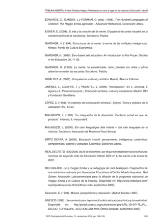 TRIBUNA ABIERTA. Andrea Giráldez Hayes. Reﬂexiones en torno al lugar de las artes en la Educación Infantil


EDWARDS, C., GANDINI, L y FORMAN, G. (eds). (1998). The Hundred Languages of
   Children: The Reggio Emilia approach – Advanced Reﬂections. Greenwich: Ablex.

EISNER, E. (2004). El arte y la creación de la mente. El papel de las artes visuales en la
   transformación de la conciencia. Barcelona: Paidós.

GARDNER, H. (1994). Estructuras de la mente: la teoría de las múltiples inteligencias.
   México: Fondo de Cultura Económica.

GARDNER, H. (1989). Zero-based arts education. An introduction to Arts Propel. Studies
   in Art Education, 30, 71-83.

GARDNER, H. (1993). La mente no escolarizada: cómo piensan los niños y cómo
   deberían enseñar las escuelas. Barcelona: Paidós.

GIRÁLDEZ, A. (2007). Competencia cultural y artística. Madrid: Alianza Editorial.

JIMÉNEZ, L., AGUIRRE, I. y PIMENTEL, L. (2009). “Introducción”. En L. Jiménez, I.
   Aguirre y L. Pimentel (coords.), Educación artística, cultura y ciudadanía. Madrid: OEI
   y Fundación Santillana.

LÓPEZ, C. (1993). “A propósito de la educación artística”. Signos. Teoría y práctica de la
   educación, 8/9, 84-93.


MALAGUZZI, L. (1991). “La integración de la diversidad. Contexto social en que se
   produce”. Infancia, 6, marzo-abril.


MALAGUZZI, L. (2005). Els cent llenguatges dels infants = Los cien lenguajes de la
   infancia. Barcelona: Asociación de Maestros Rosa Sensat.

ORTÍZ OCAÑA, A. (2008). Educación infantil: pensamiento, inteligencia, creatividad,
   competencias, valores y actitudes. Colombia: Ediciones Litoral.


REAL DECRETO 1630/2006, de 29 de diciembre, por el que se establecen las enseñanzas
   mínimas del segundo ciclo de Educación Infantil. BOE nº 4, del jueves 4 de enero de
   2007.


RED SOLARE. (s.f.). Reggio Emilia y la pedagogía de Loris Malaguzzi. Fragmentos de
   una entrevista realizada por Novedades Educativas al Doctor Alfredo Hoyuelos. Red
   Solare: Asociación Latinoamericana para la difusión de la propuesta educativa de
   Reggio Emilia y la Cultura de la Infancia. Disponible en: http://www.redsolare.com/
   new3/publicaciones.html [Última visita: septiembre 2009].


Swanwick, K. (1991). Música, pensamiento y educación. Madrid: Morata / MEC.

UNESCO (1999). Llamamiento para la promoción de la educación artística y la creatividad.
   Disponible       en:      http://portal.unesco.org/culture/es/ev.php-URL_ID=9747&URL_
   DO=DO_TOPIC&URL_SECTION=201.html [Última consulta: septiembre 2009]

CEE Participación Educativa, 12, noviembre 2009, pp. 100-109                                          108
 